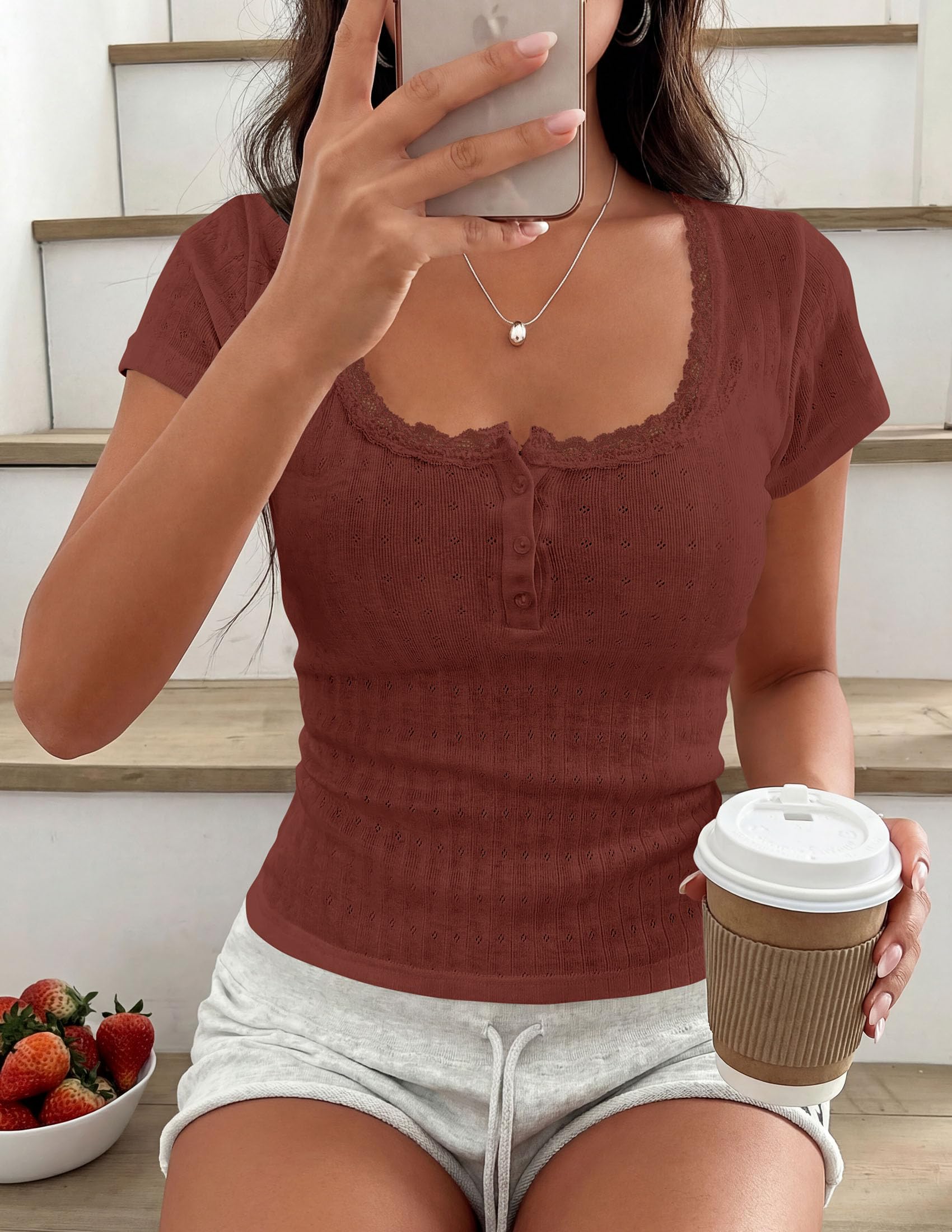 Womens Summer Lace Trim Short Sleeve Henley Top,Brick Red,S