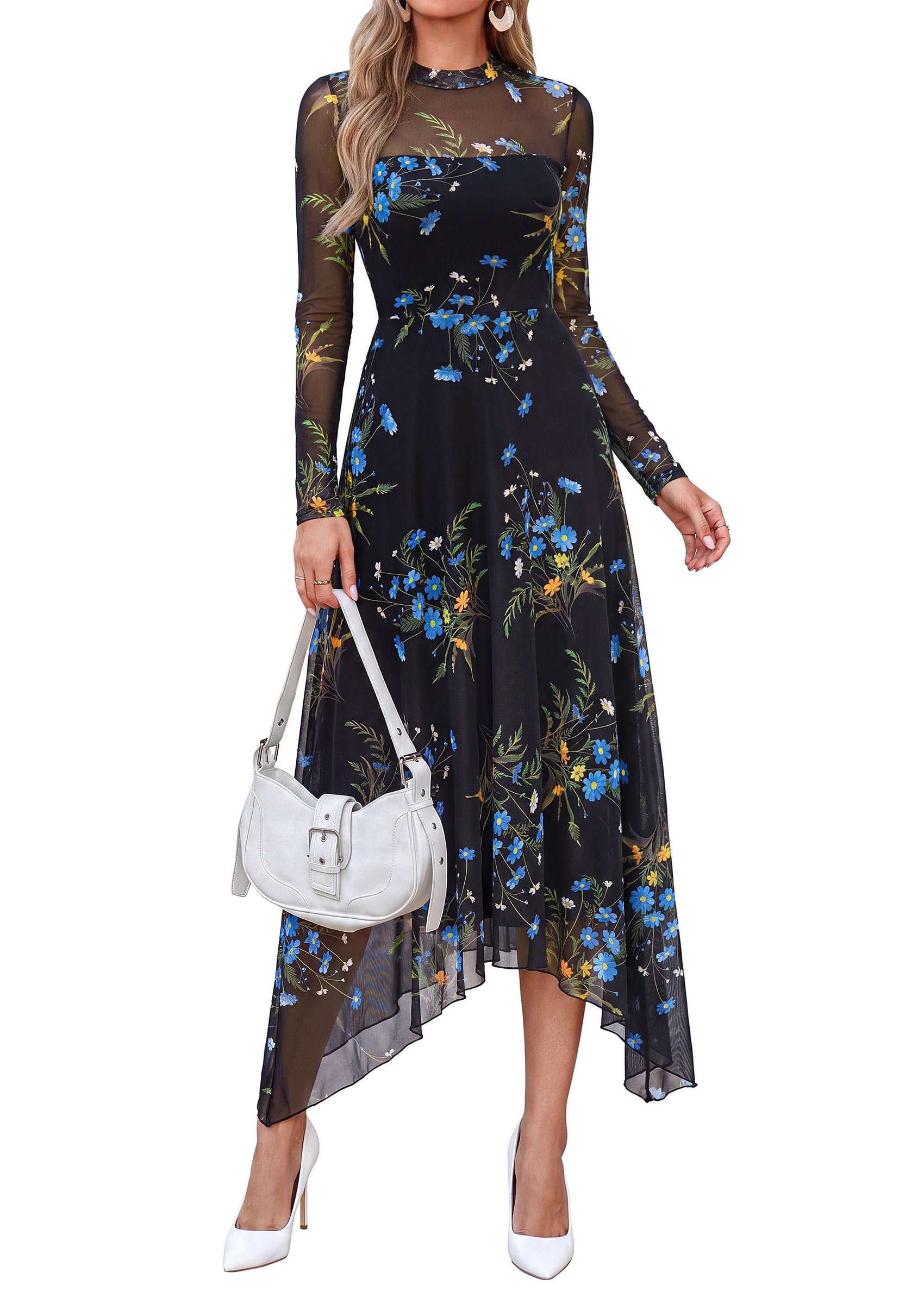 Women's Floral Mesh Midi Dress,Floral Black Blue Yellow,S