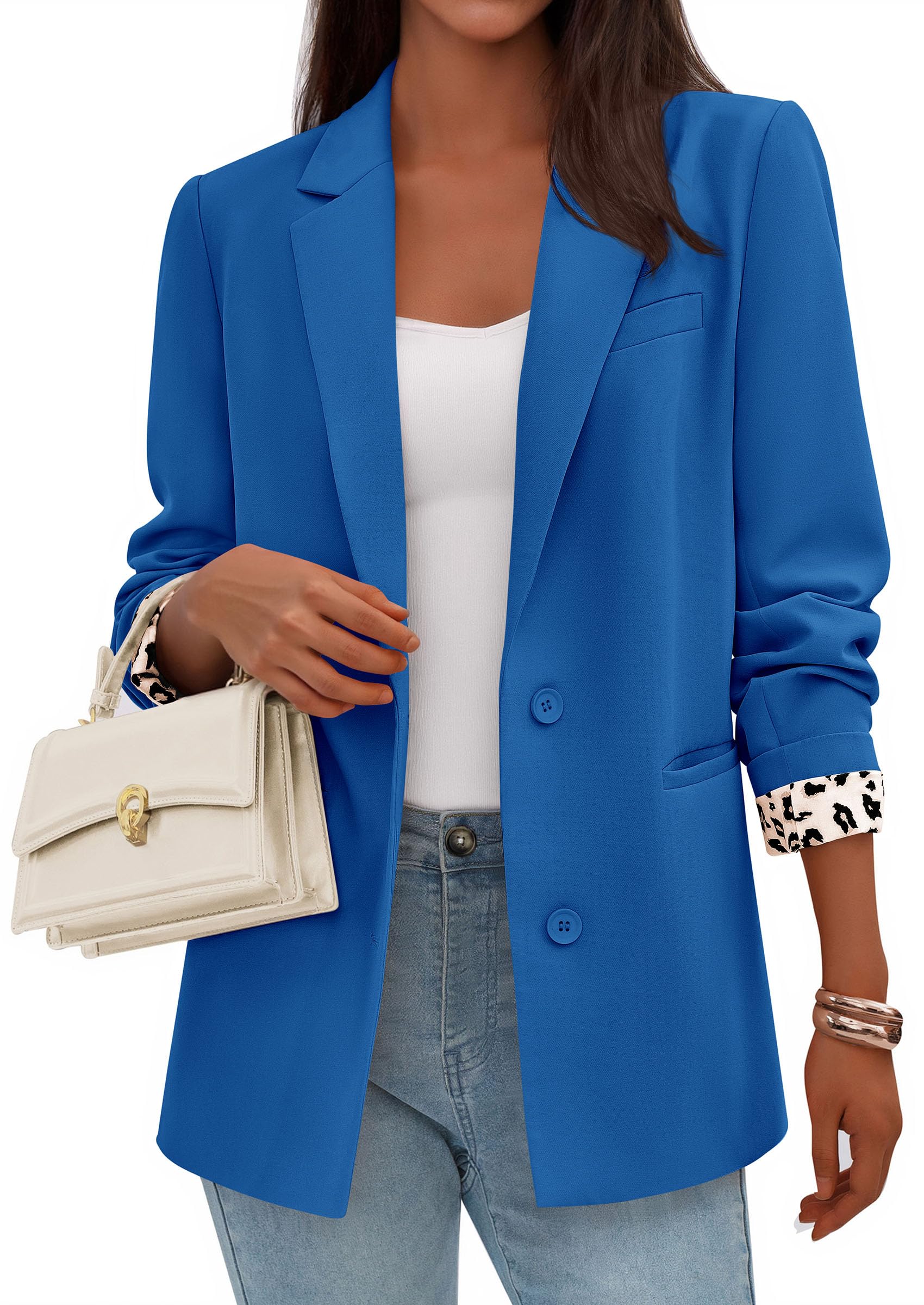 Womens Open Front Leopard Blazers Suit Jackets,Royal Blue,S