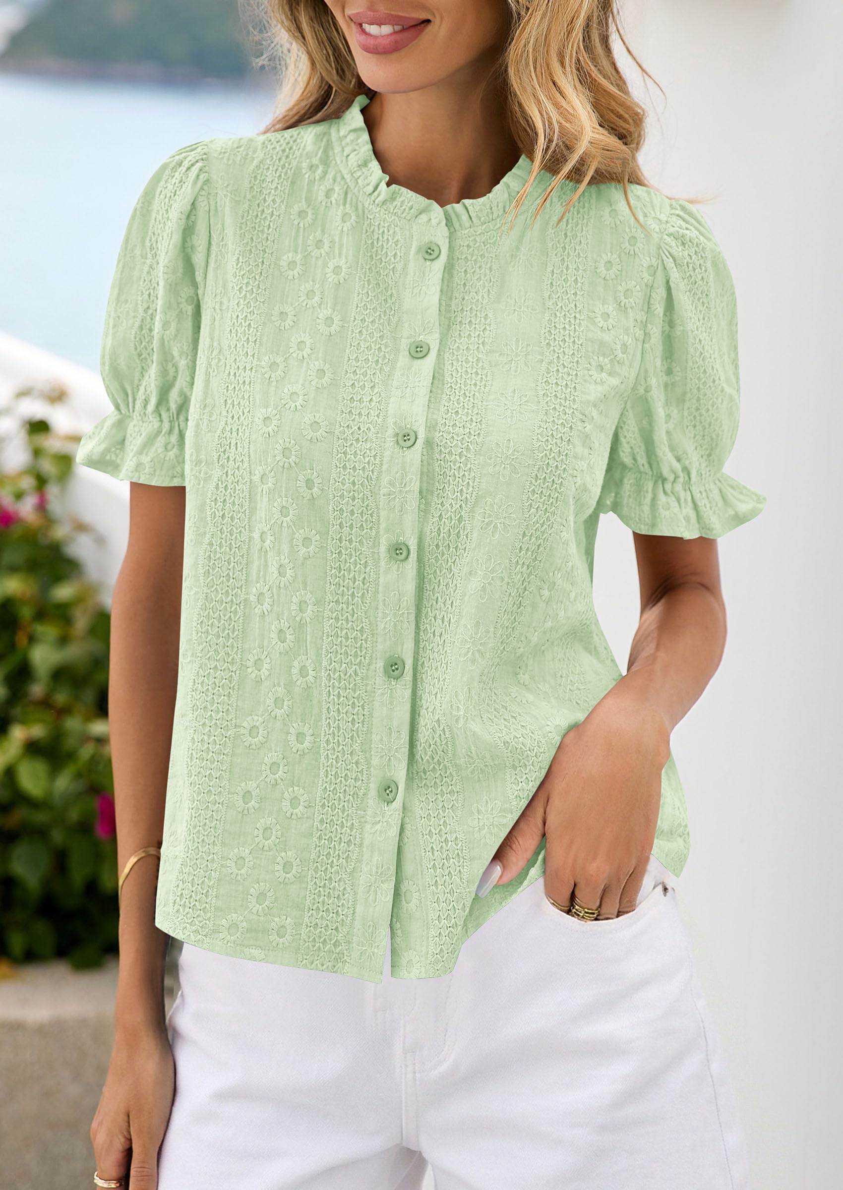 Womens Embroidered Puff Short Sleeve Tops,Light Green,S