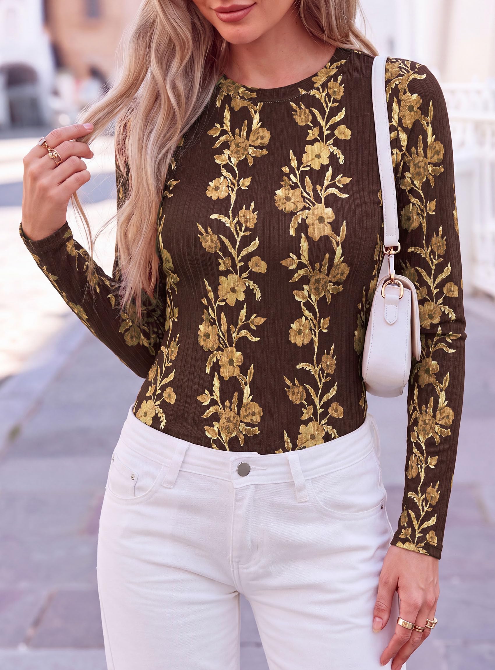 Womens Long Sleeve Shirts Floral Y2K Tops,Brown,XS