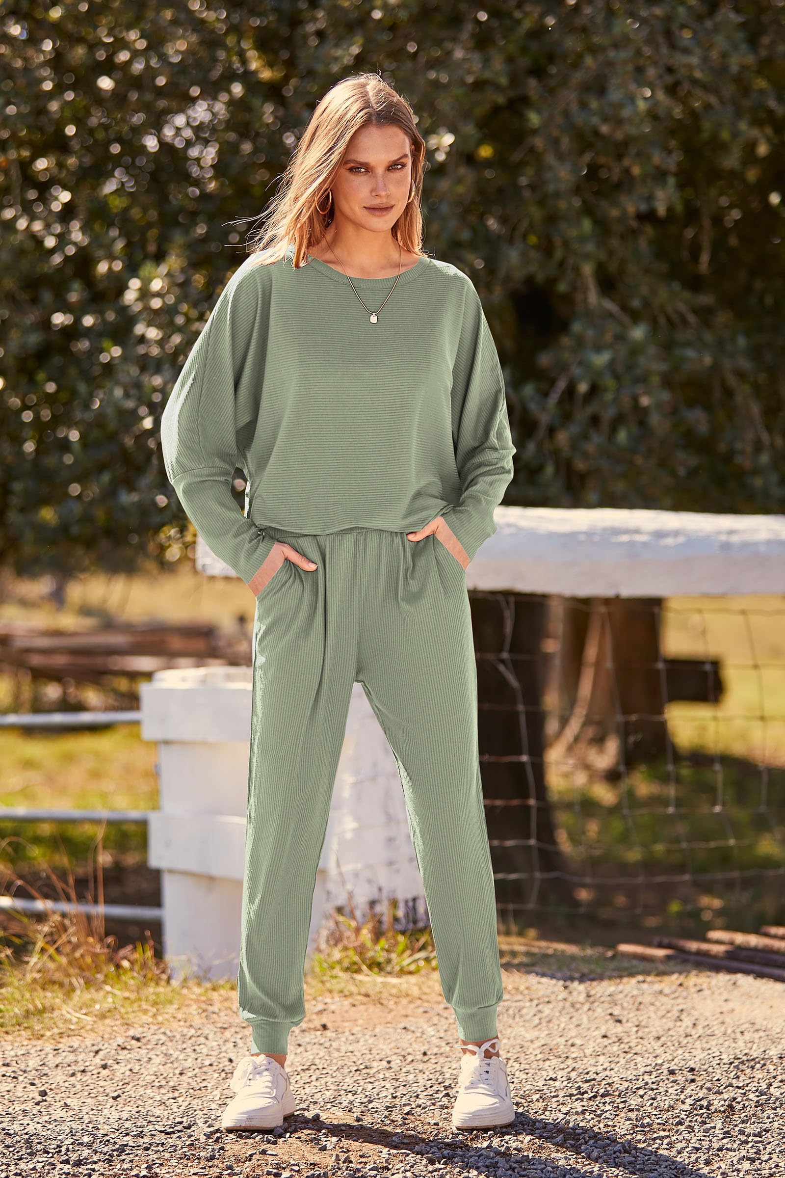 Women's 2 Piece Fall Outfits Matching Ribbed Knit Lounge Sets