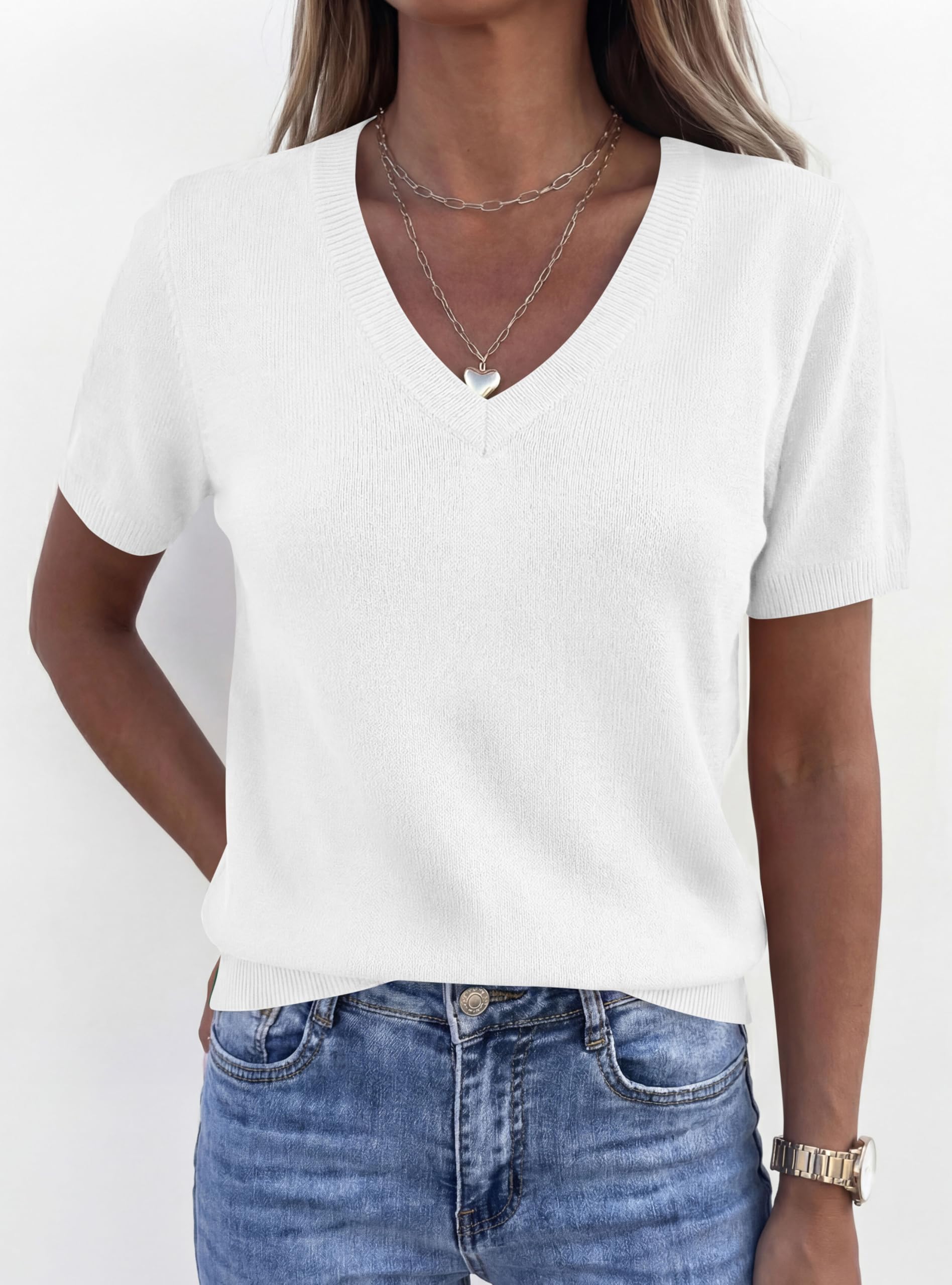 Womens Short Sleeve Sweater V Neck Tops,White,S
