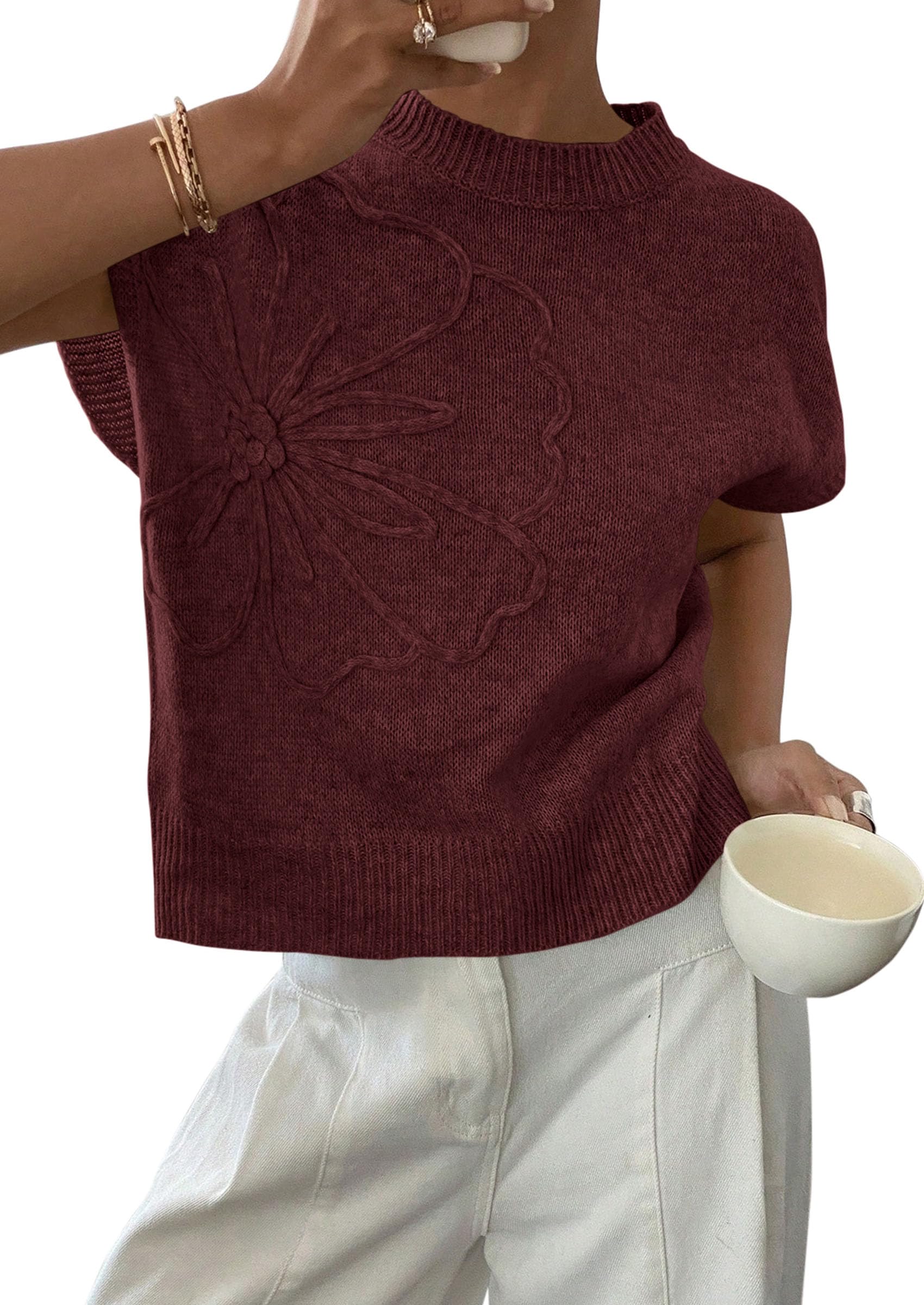 Women's Summer Short Cap Sleeve Sweater Vest (Red Brown,S)