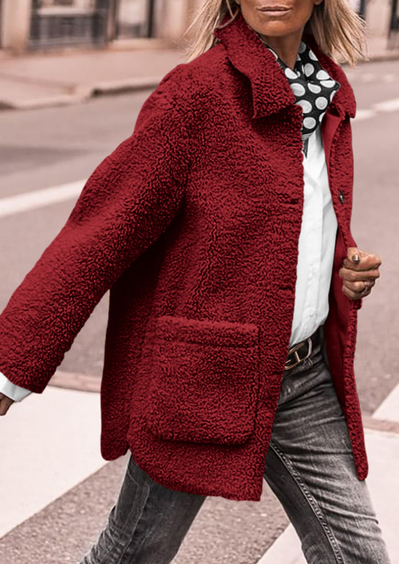 Women's Fleece Sherpa Coats Winter Outfits Jujube Red,S