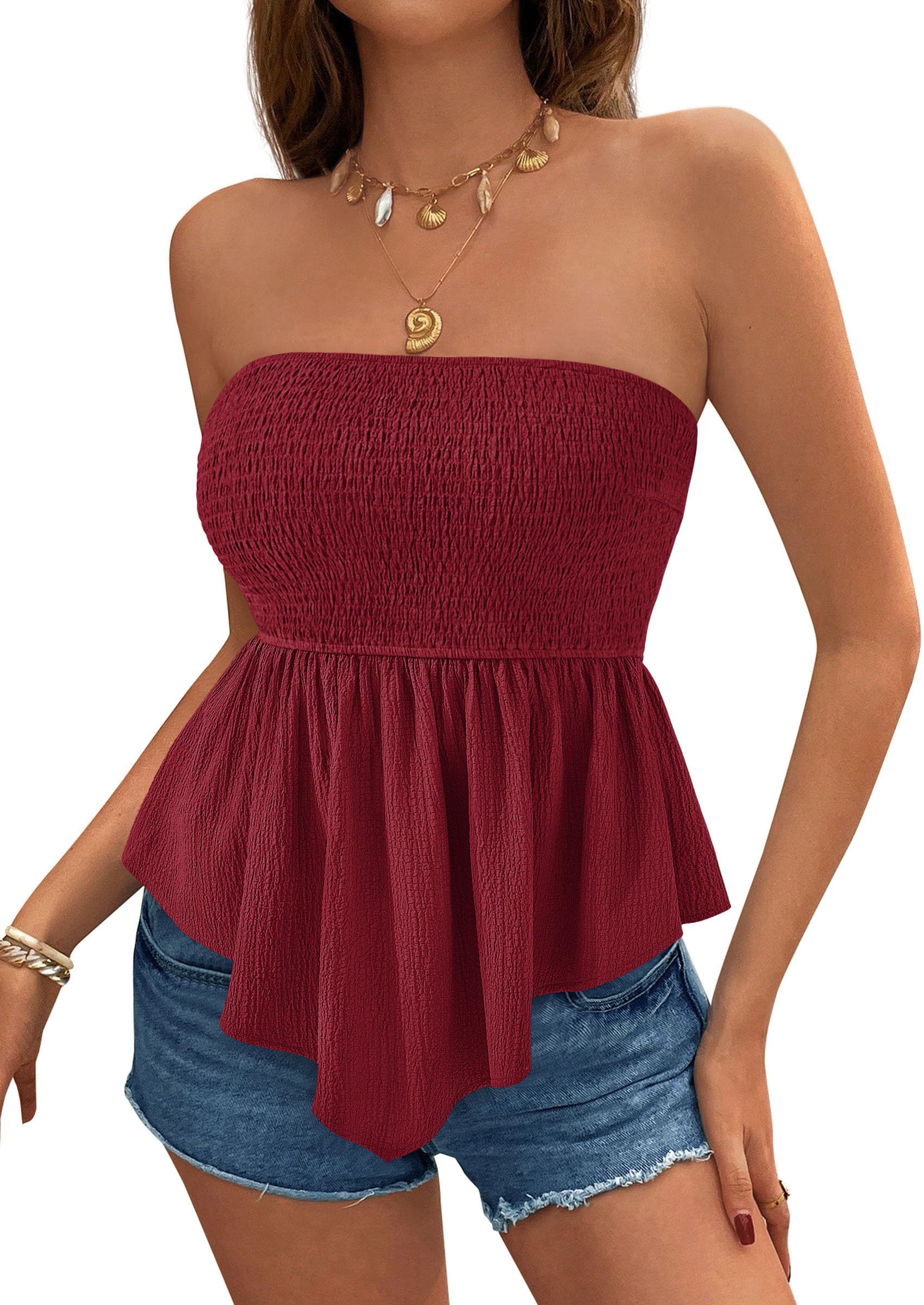 Women's Strapless Smocked Peplum Tube Top, Burgundy,S