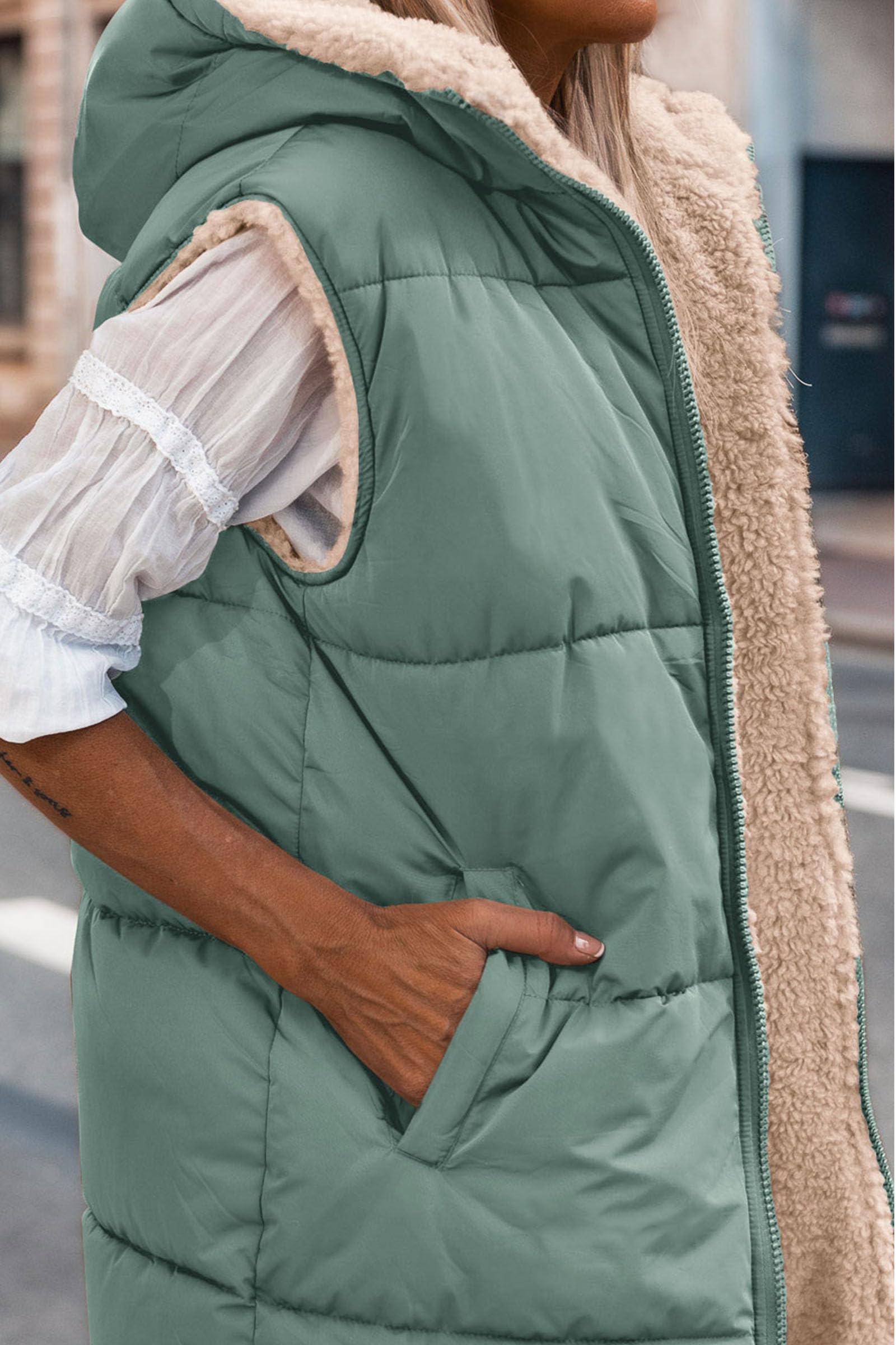Women's Winter Reversible Fleece Long Vests(Grey Green,S)