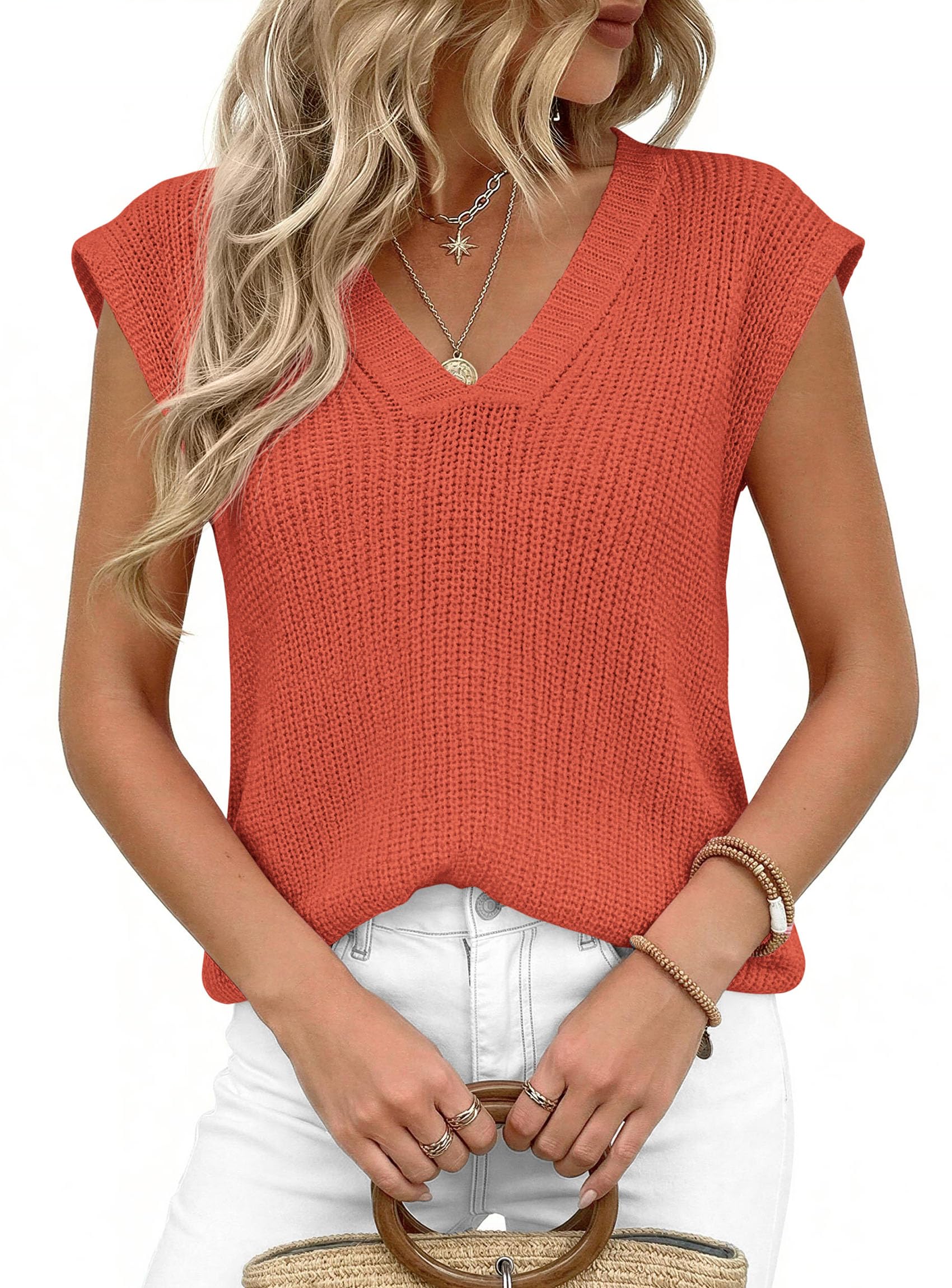 Women's Cap Sleeve Sweaters Vest Summer Tops (Orange,S)