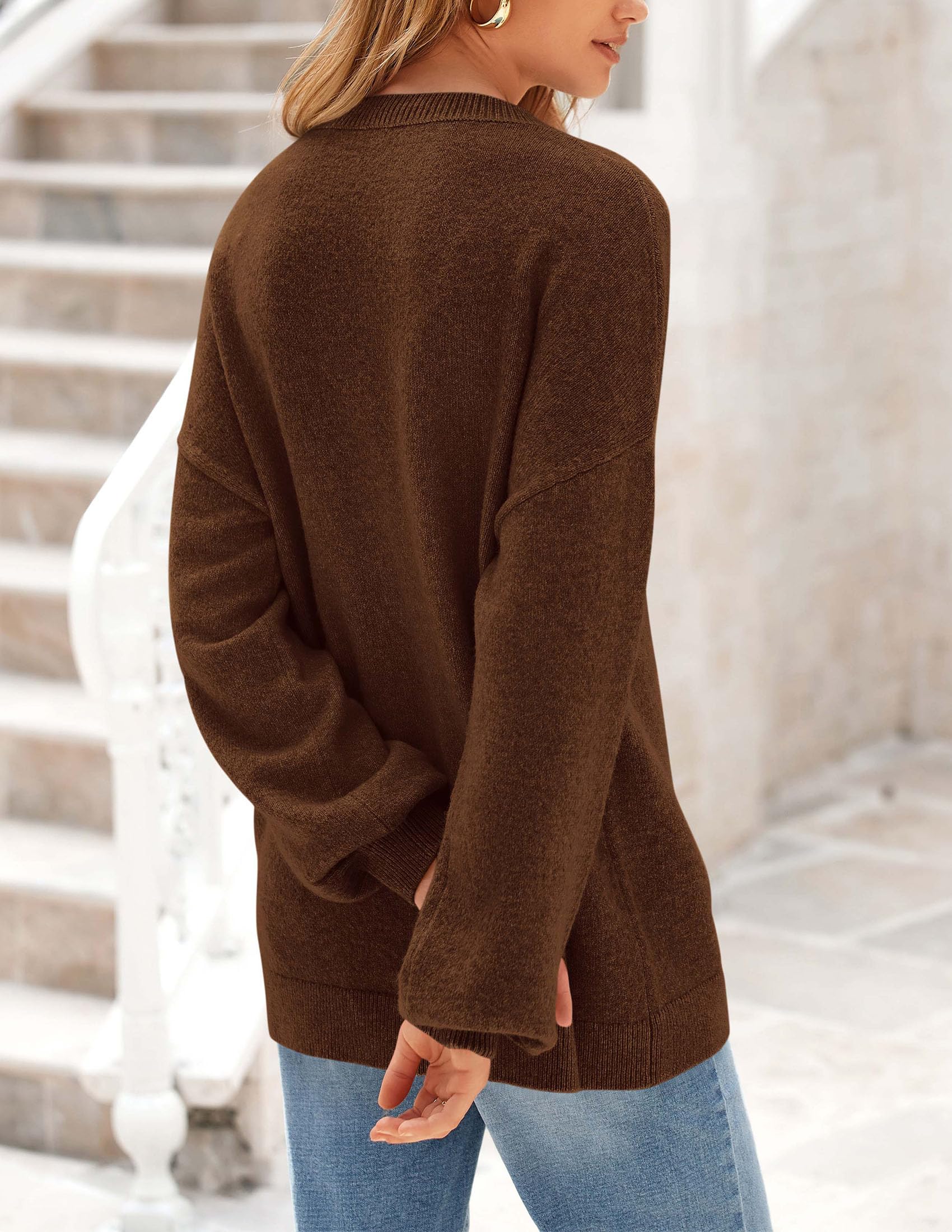 Women's 2025 Fall Sweaters Casual Crew Neck Long Sleeve Pullover Tops Ribbed Knit Loose Fit Winter Clothes (Brown,Small)