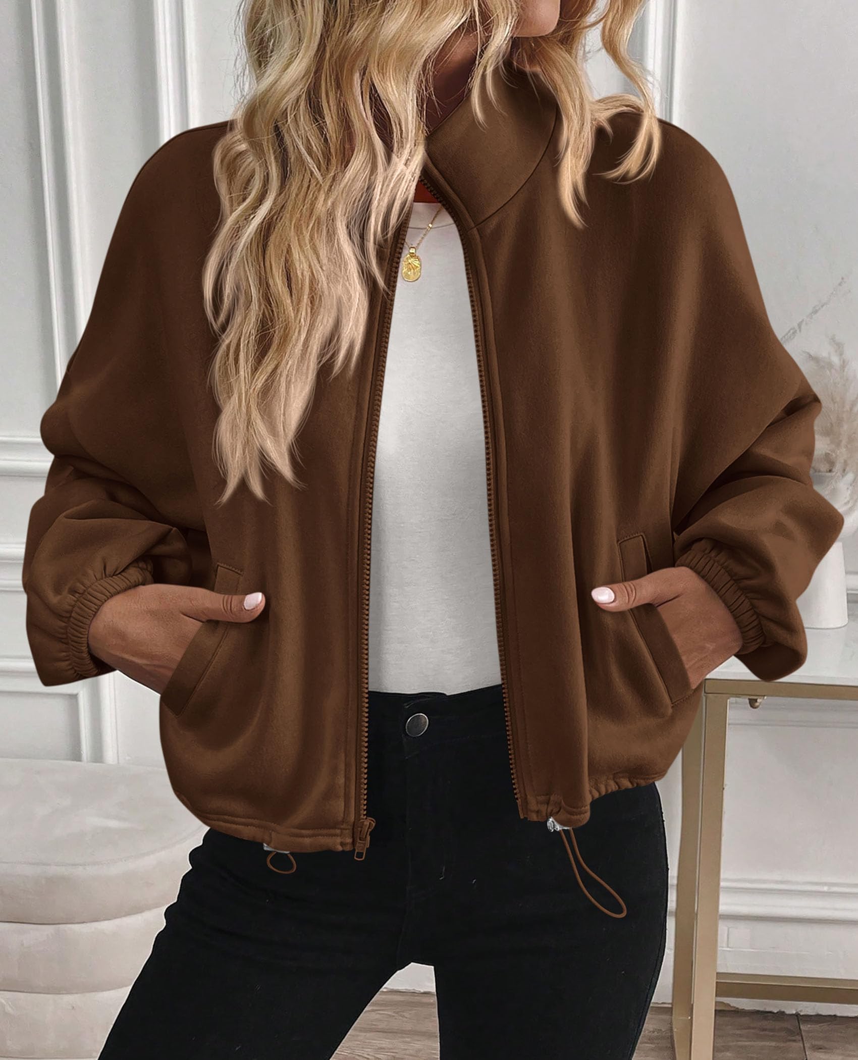 Women's Cropped Jacket Zip Up Fleece Sweatshirt Fall Outfits