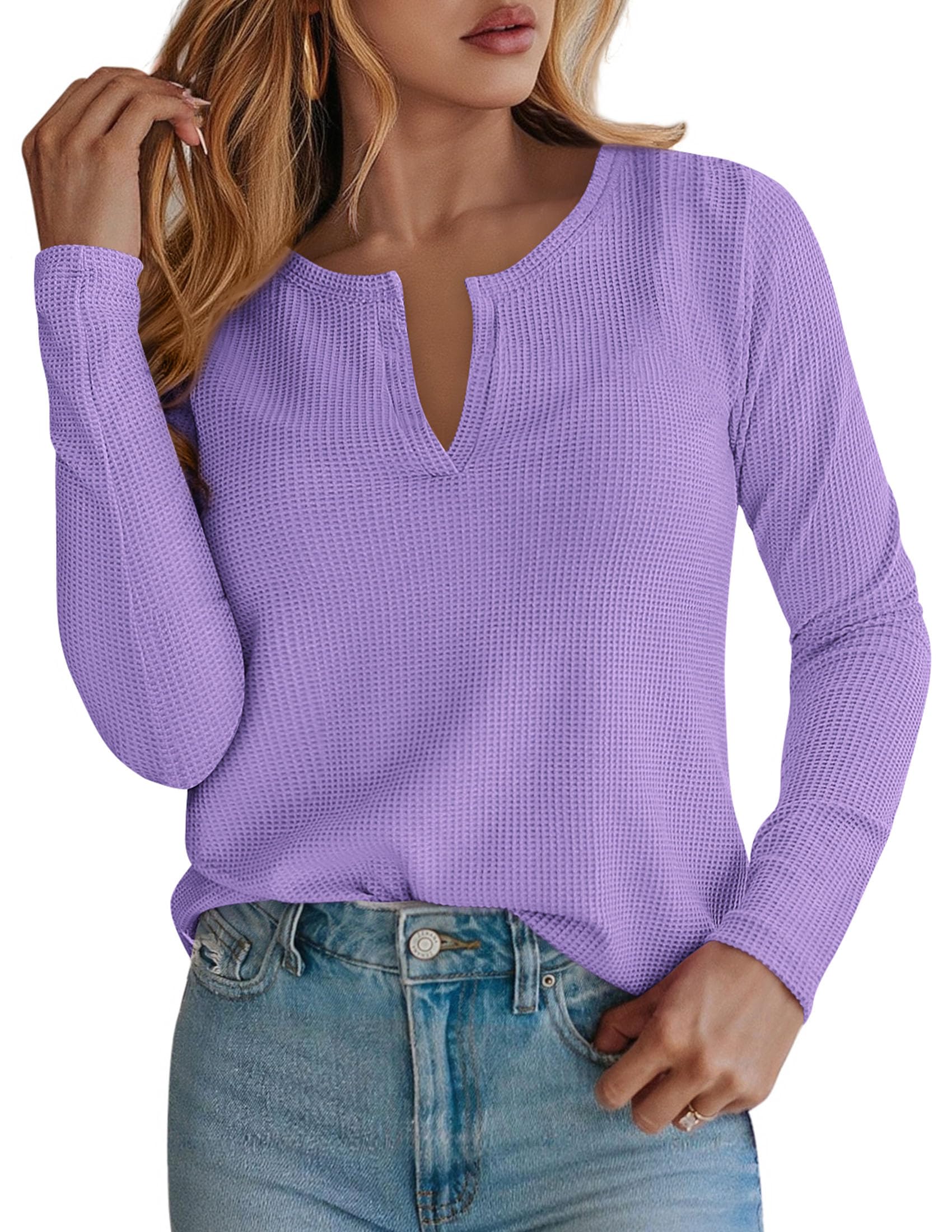 Long Sleeve Shirts for Women Waffle Knit Tops,Purple,S
