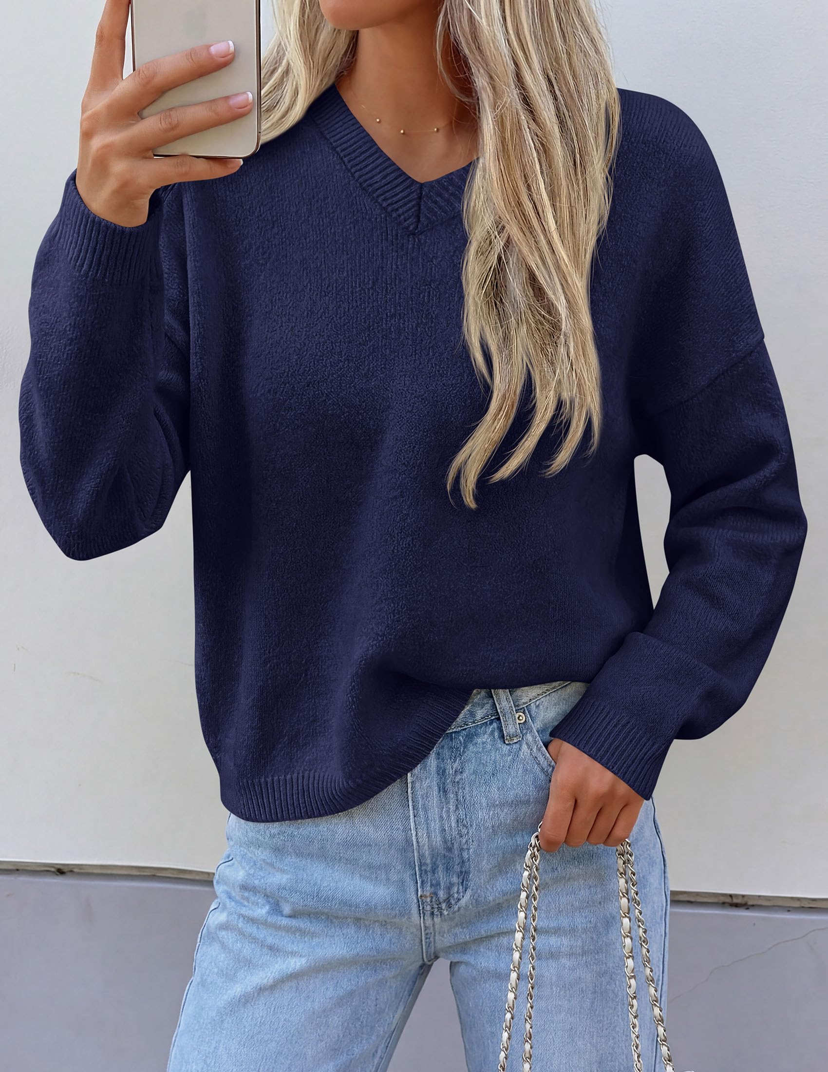 Women's Cozy Sweaters Fall Fashion V Neck Tops Navy Blue,S