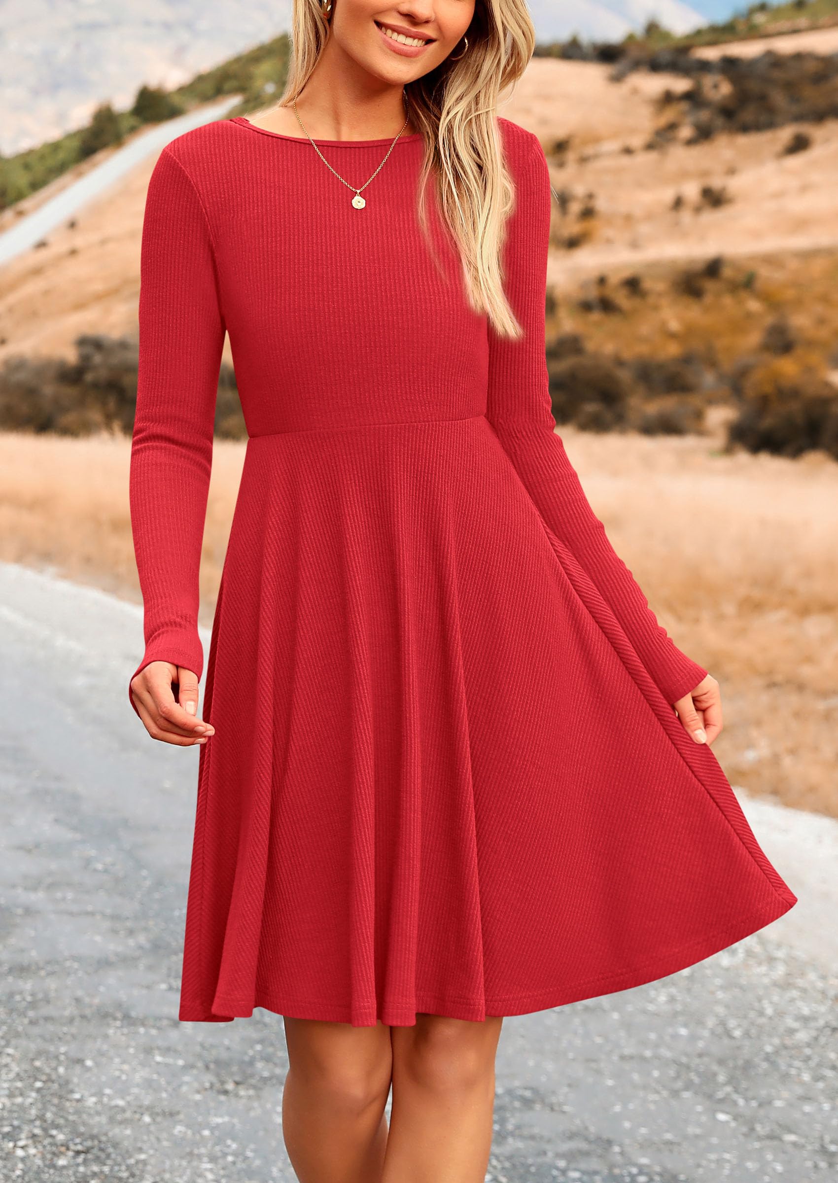 Women's Fall Casual Long Sleeve Short Dress (Red,S)