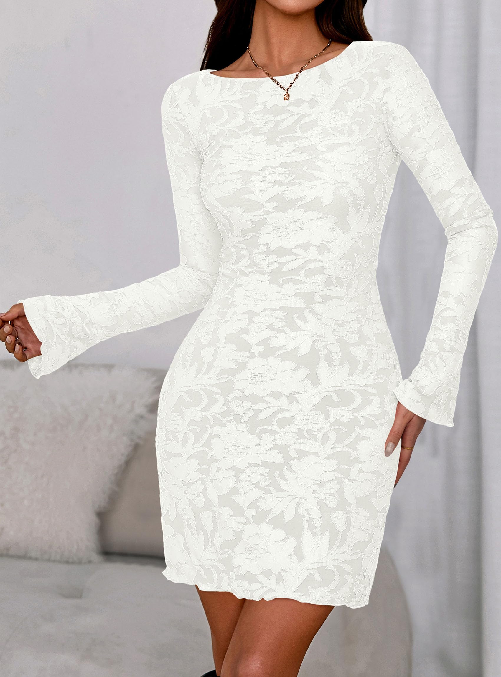 Women's Fall Floral Long Sleeve Mini Dress (Floral White,XS)