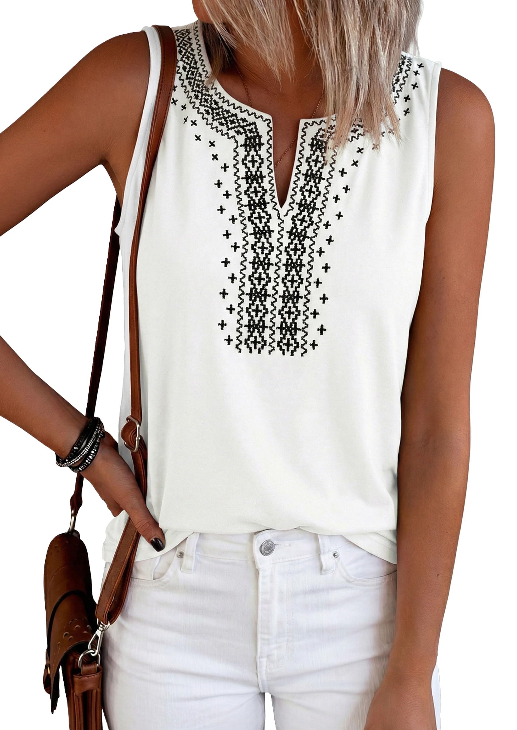 Womens Embroidered Sleeveless Tank Tops White,S