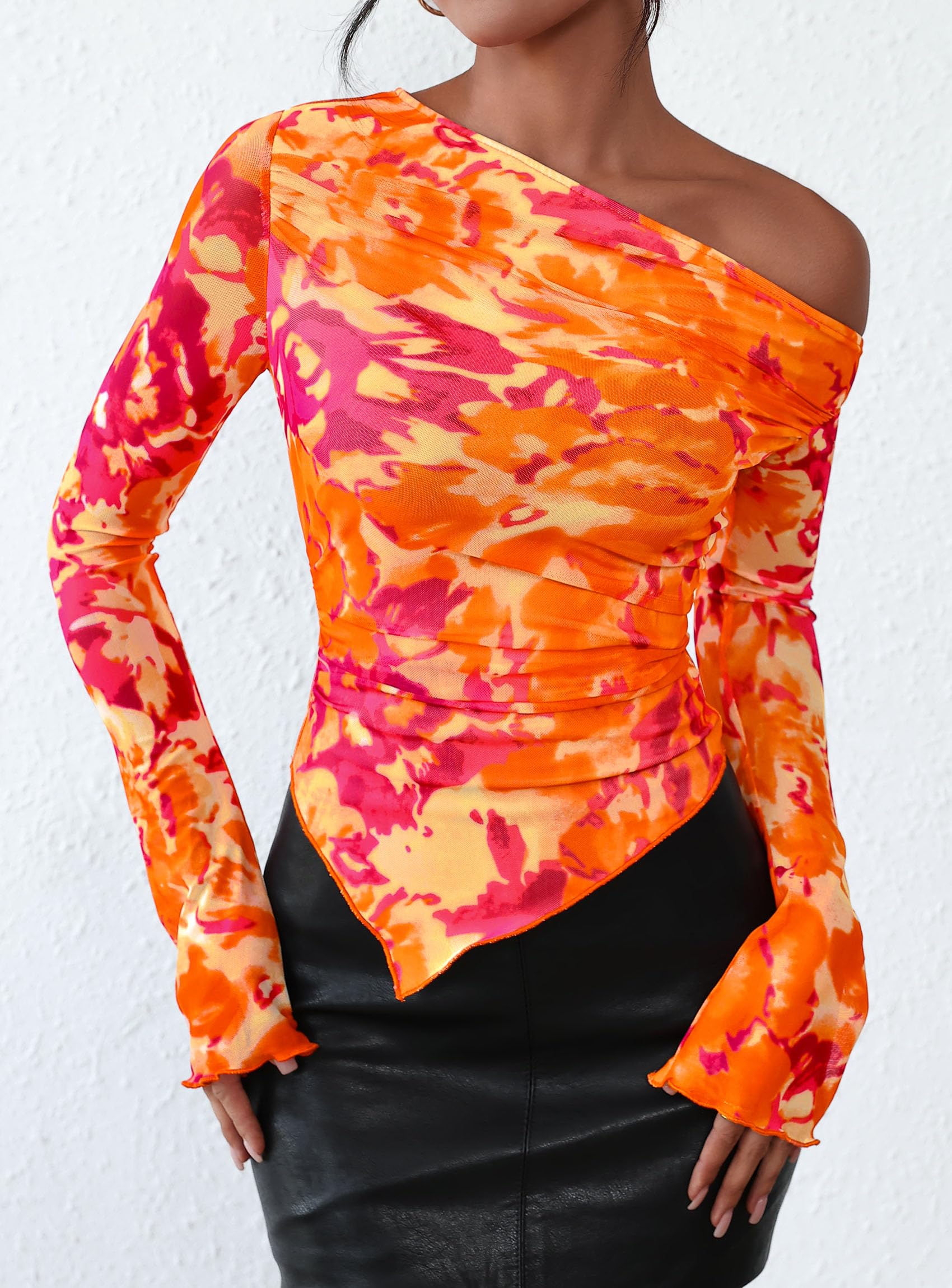 Womens Off Shoulder Mesh Y2k Tops,Floral Orange,XS