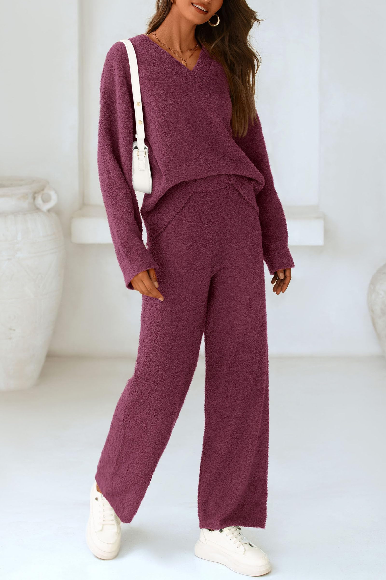 Lounge Sets for Women Fall 2 Piece Fuzzy Sweater Pajama Set