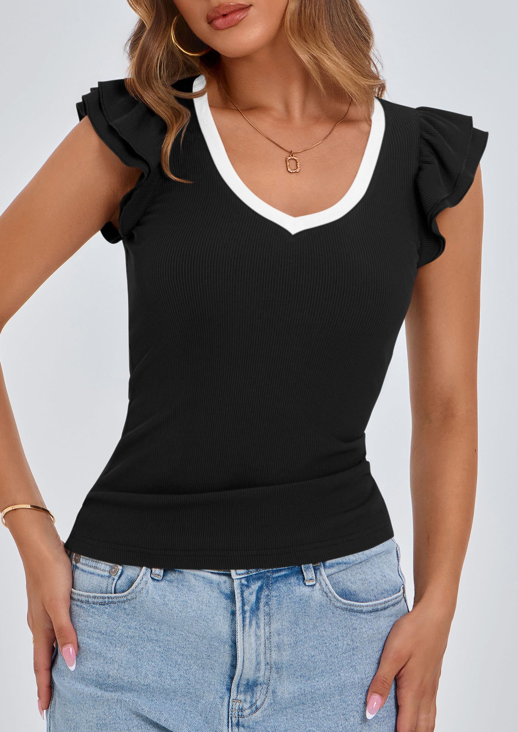 Womens Sleeveless Slim Fit T Shirts,Black White,M