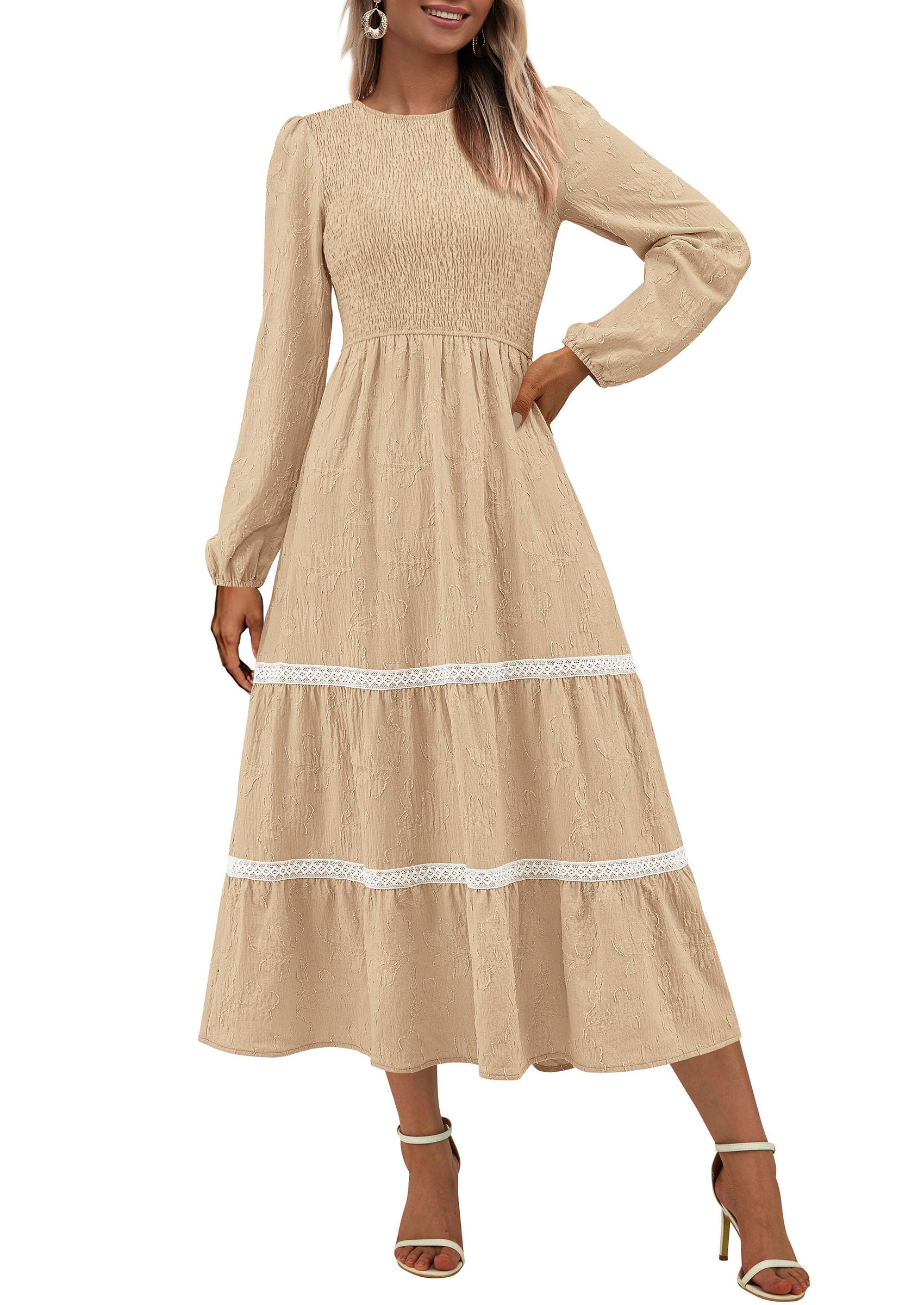 Women's Long Sleeve Boho Floral Midi Dress, Apricot,S