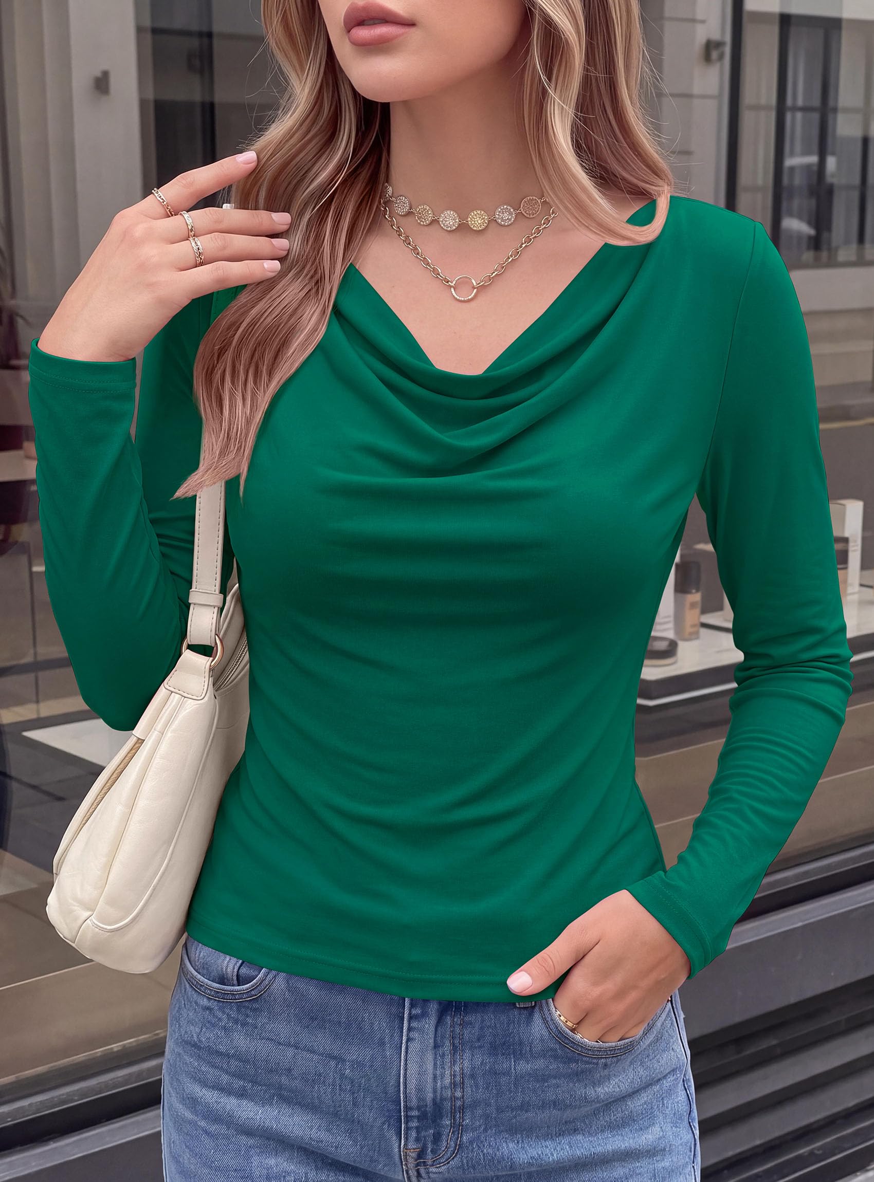 Cowl Neck Tops for Women Fashion Long Sleeve Shirt Dark Green