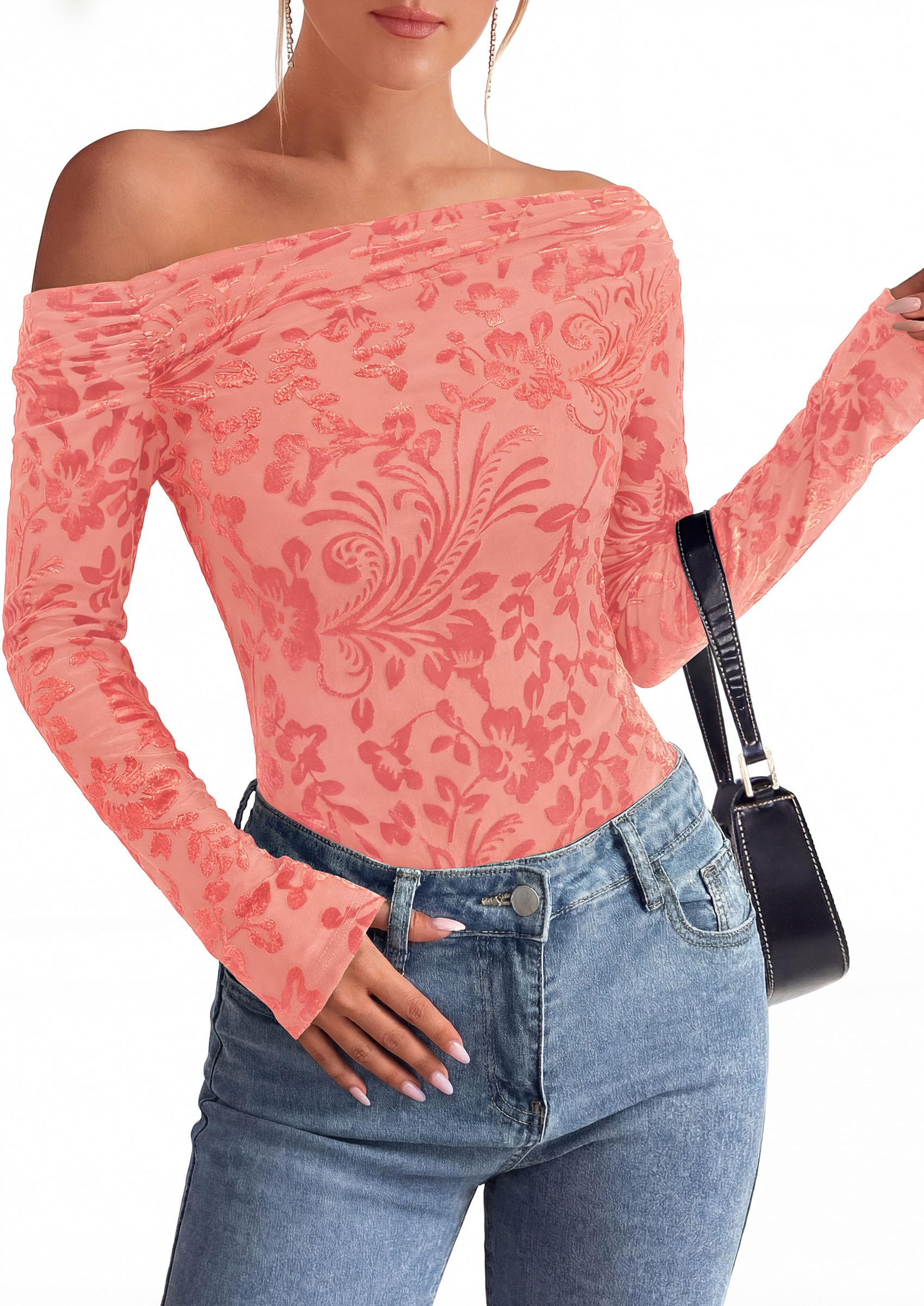 Off the Shoulder Tops for Women Fall Mesh Floral Blouses Pink