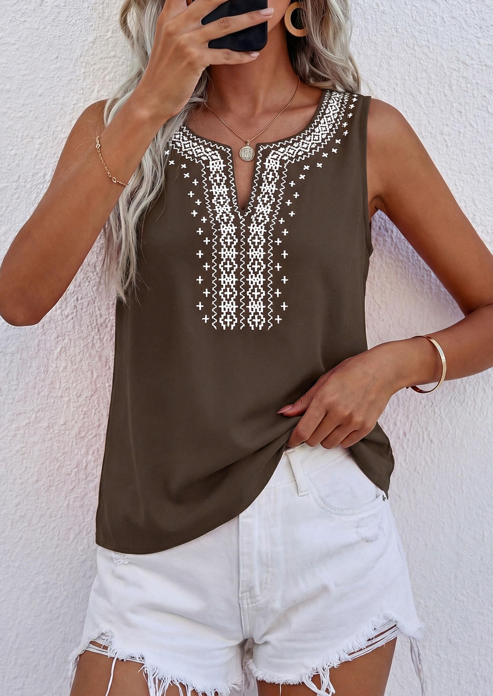 Womens Embroidered Sleeveless Tank Tops Brown,S