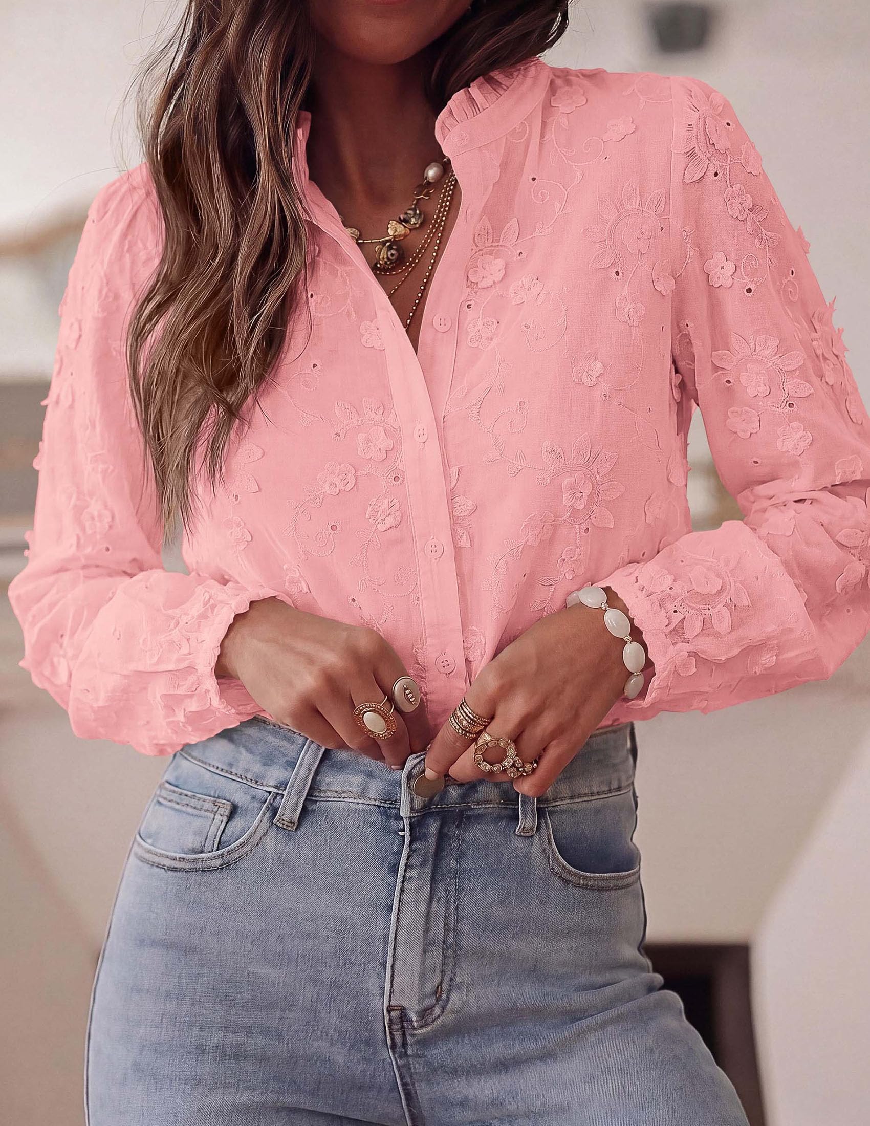 Women's Floral Embroidered Button Down Shirts Work Blouses