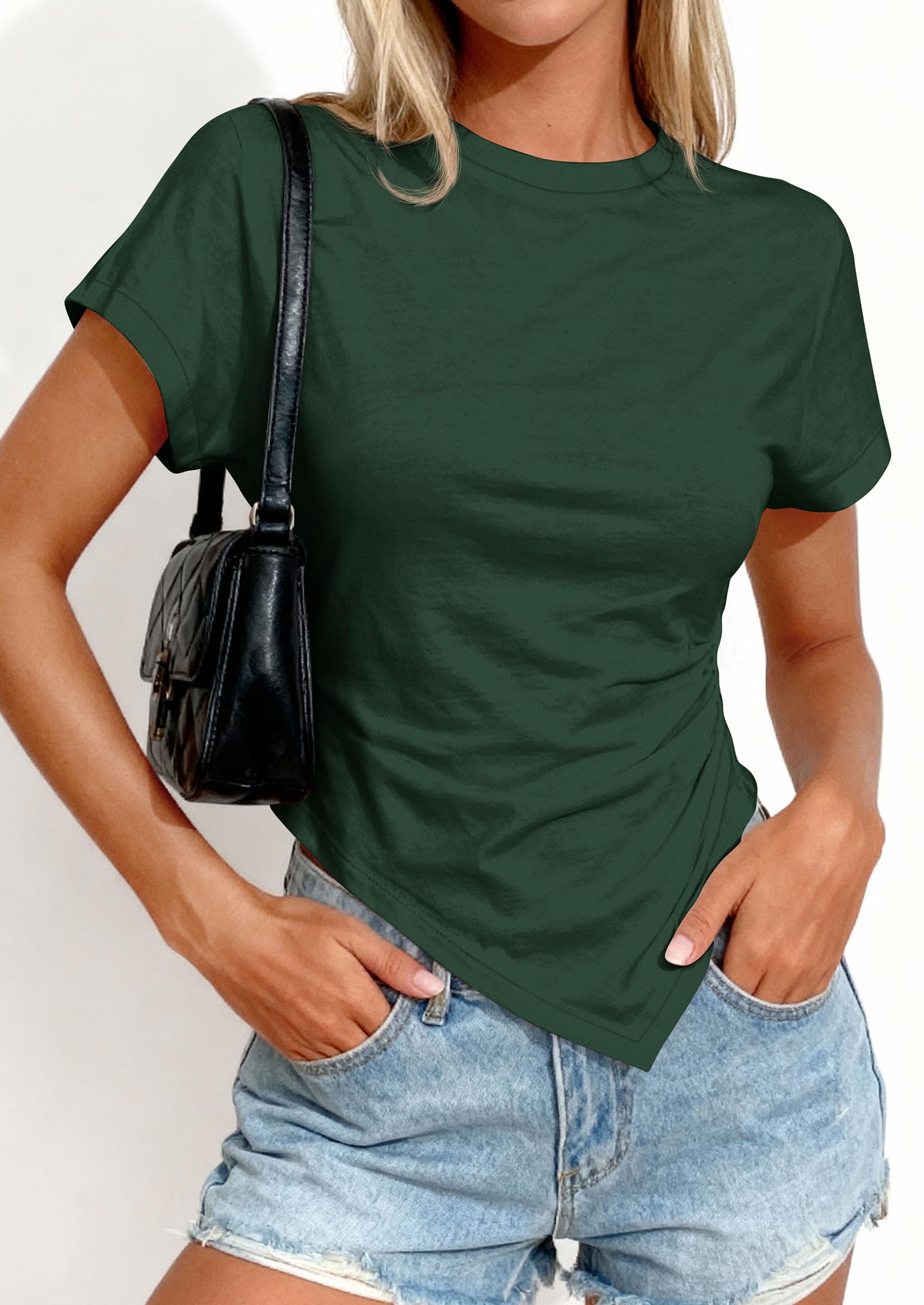 Womens Asymmetrical Summer Short Sleeve Tops,Dark Green,XS