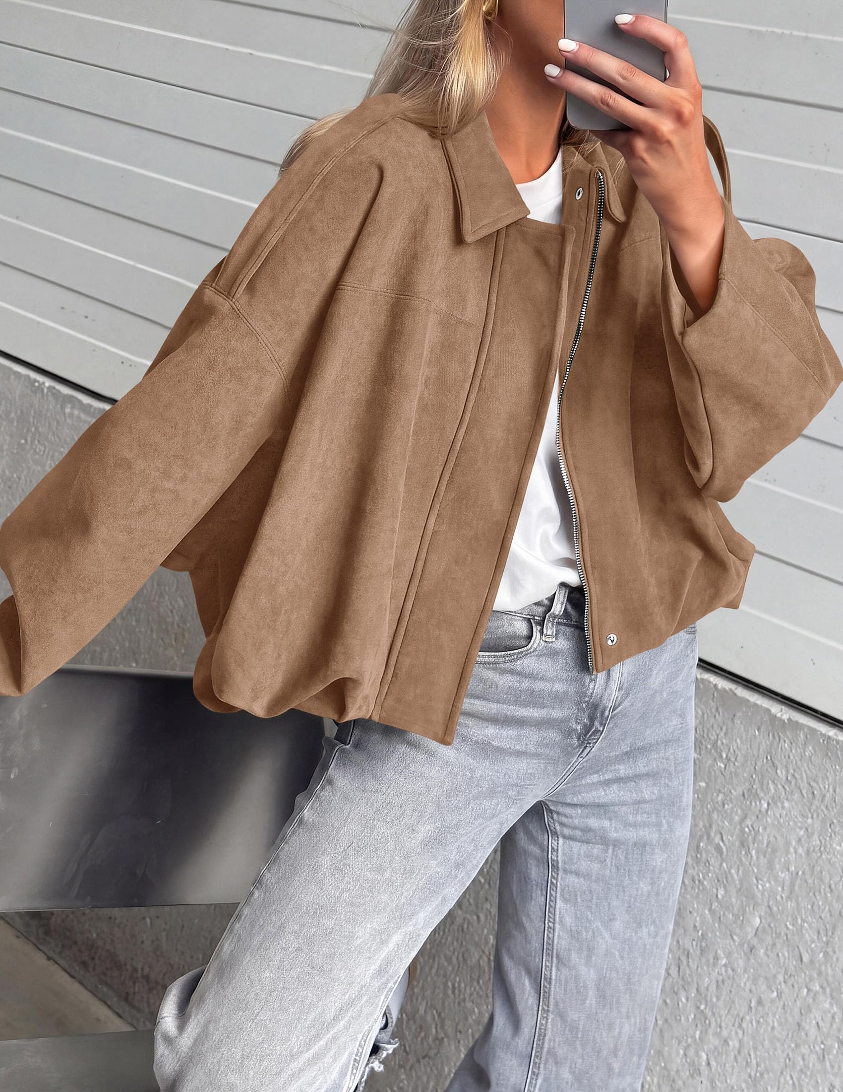 Faux Suede Jacket Women Fall Cropped Western Bomber Jacket