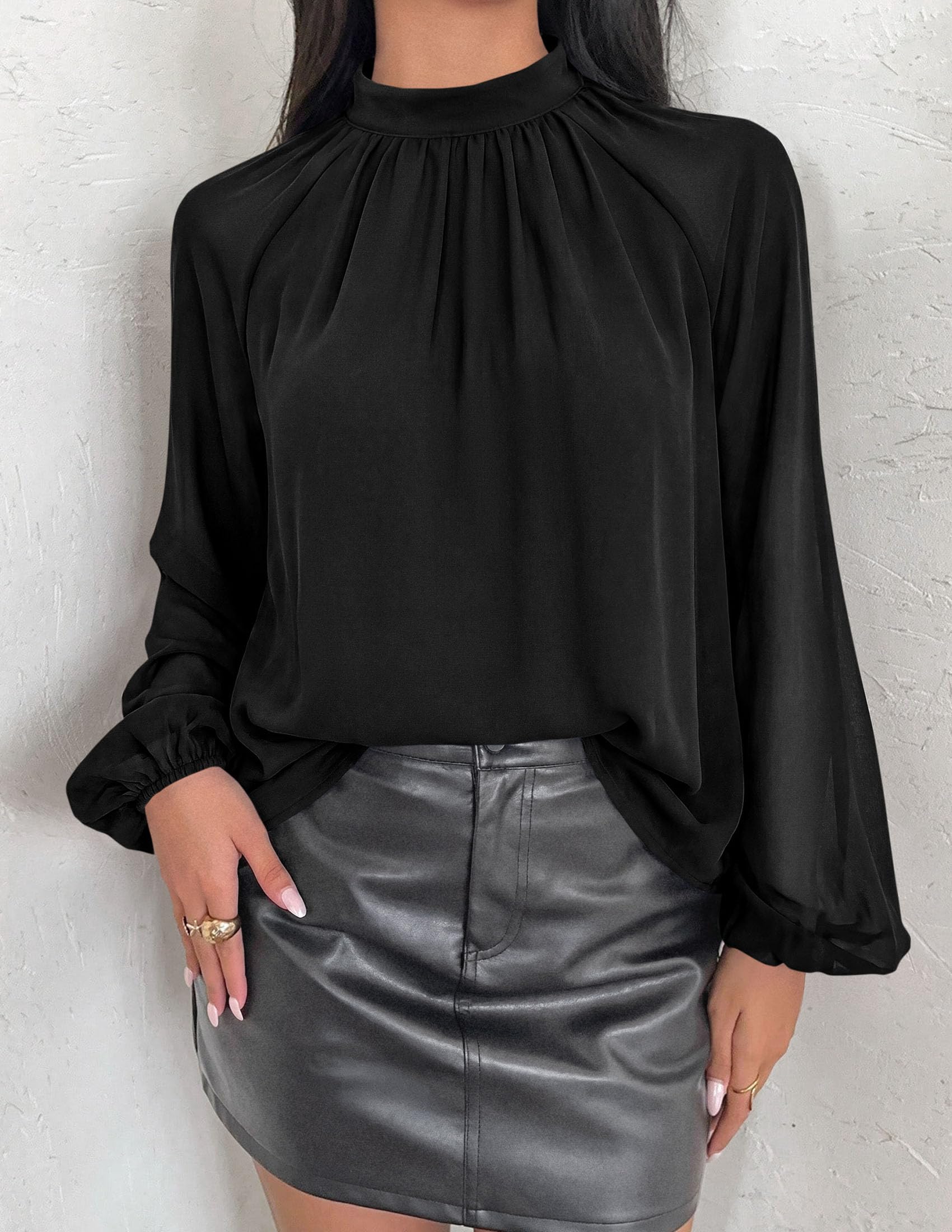 Chiffon Blouses for Women Dressy Casual Mock Neck Tops Black