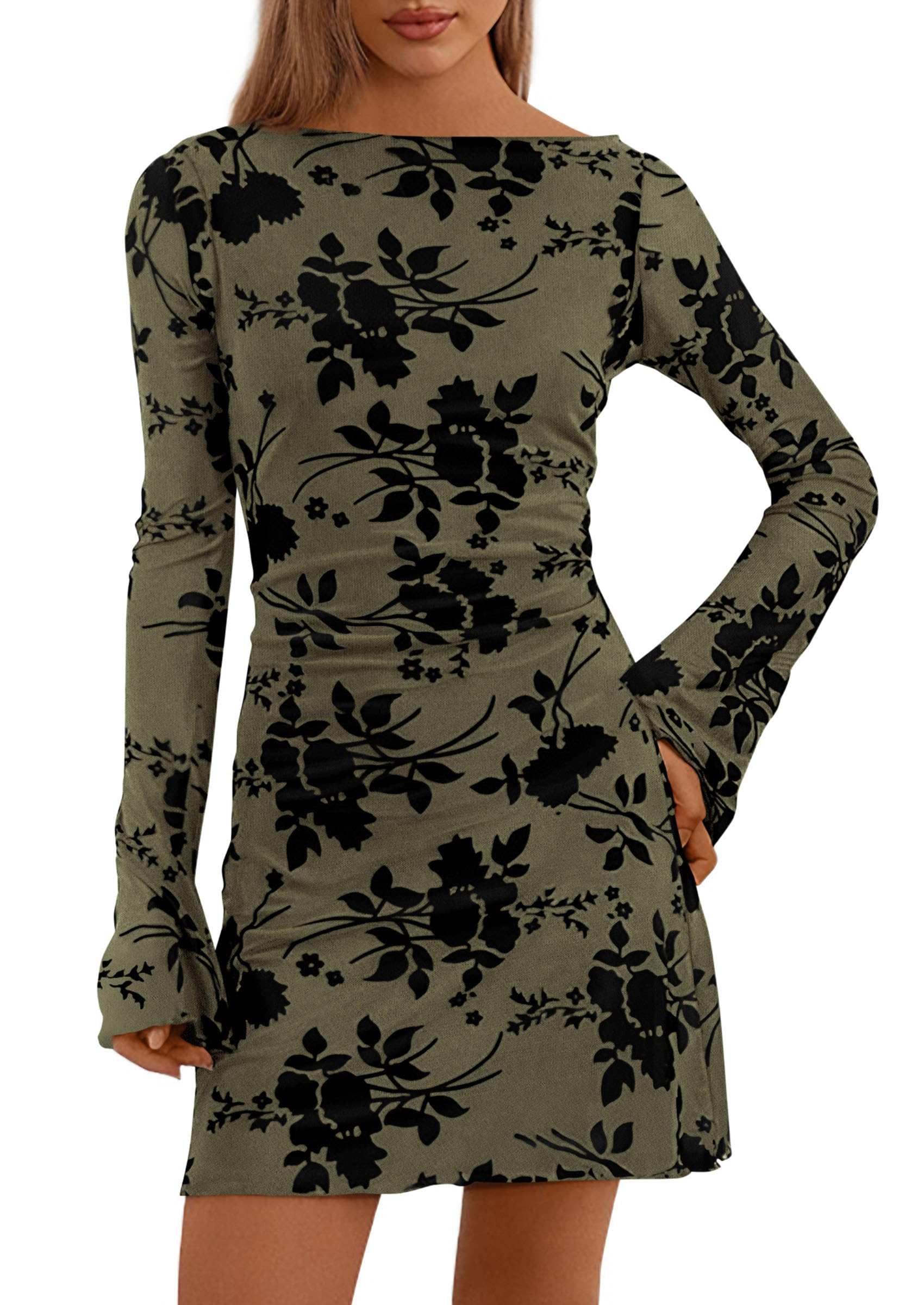 Women's Fall Floral Long Sleeve Mini Dress (Army Green,XS)