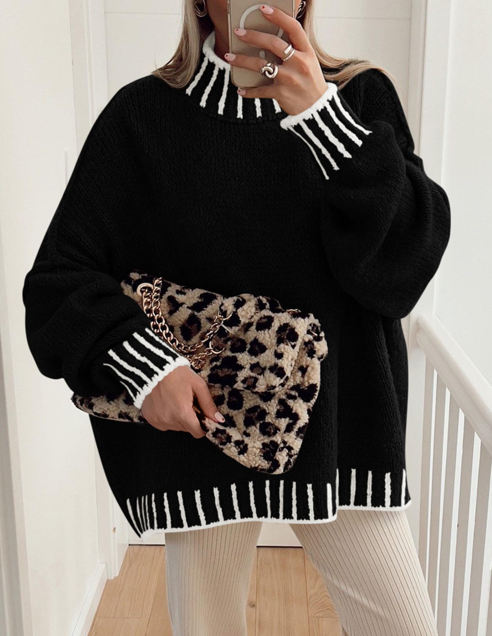 Women's Mock Neck Oversized Pullover Sweaters,Black,XS