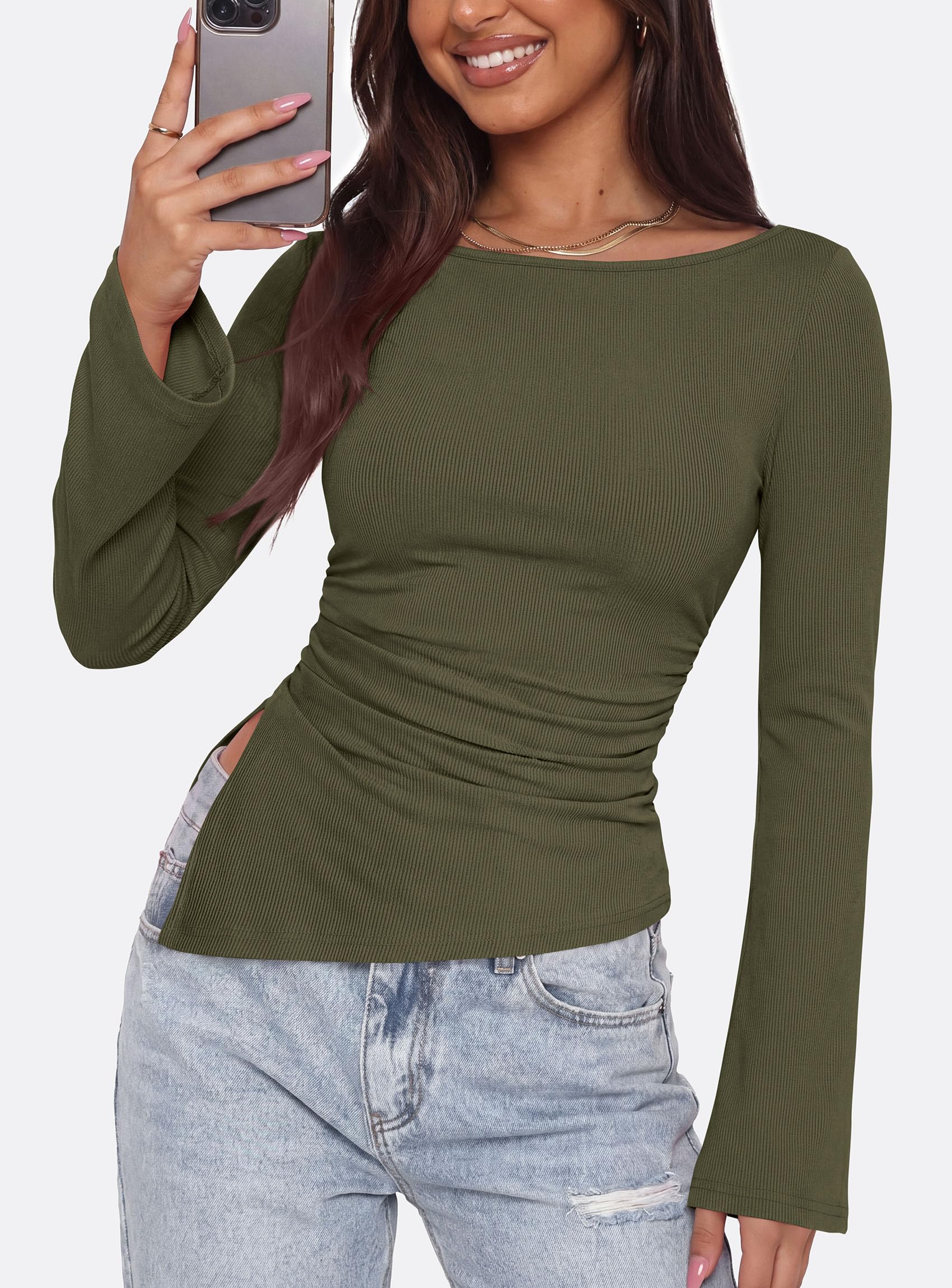 Womens Bell Long Sleeve Boat Neck Asymmetrical Tops Army Green