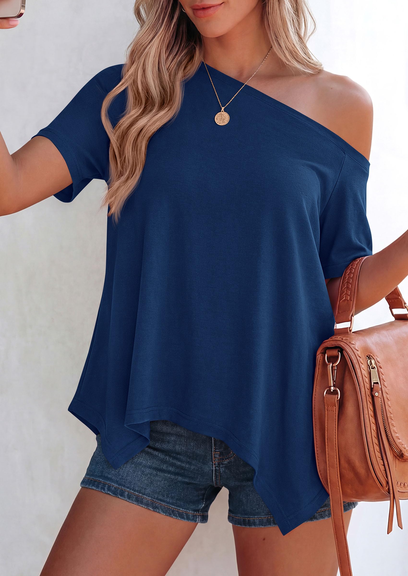 Off Shoulder Tops for Women Oversized Tshirts, Dusty Blue,S