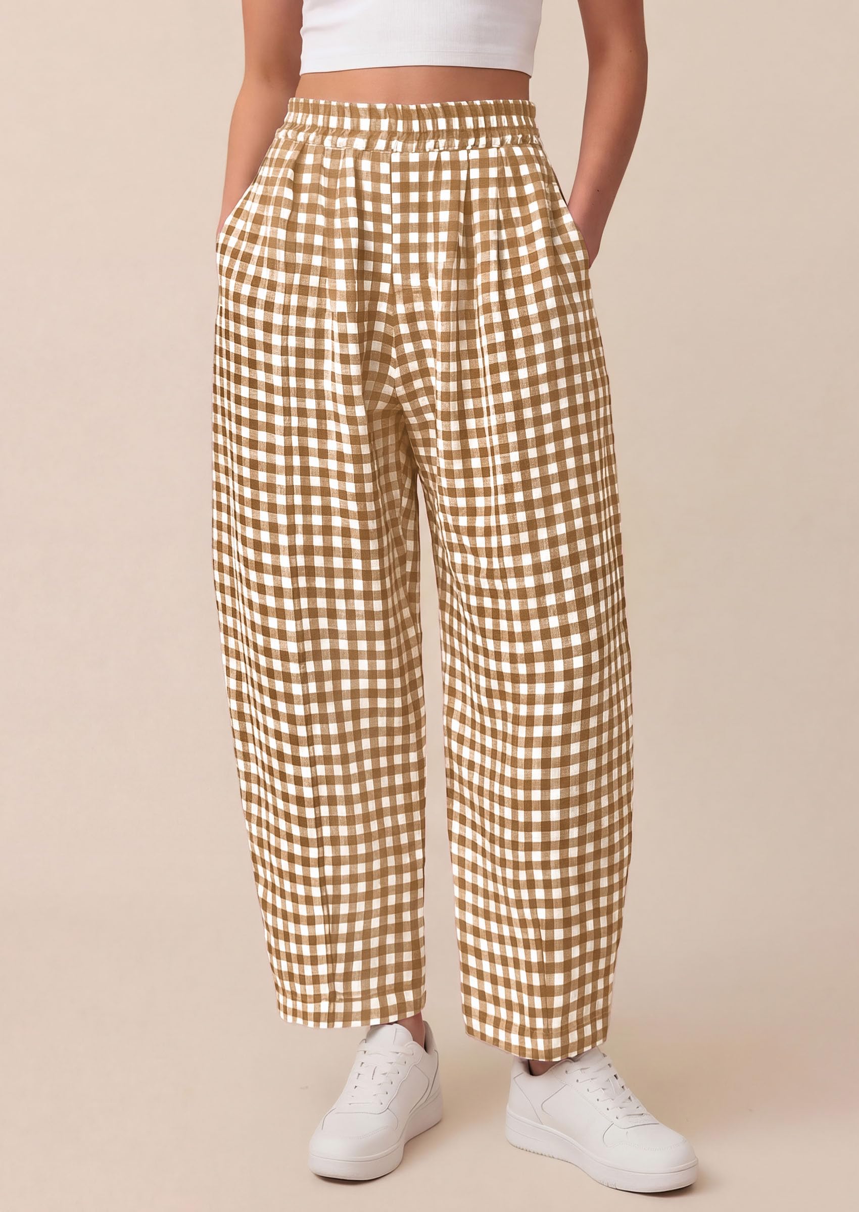 Plaid Barrel Pants Women Summer Bottoms, Khaki Plaid,S