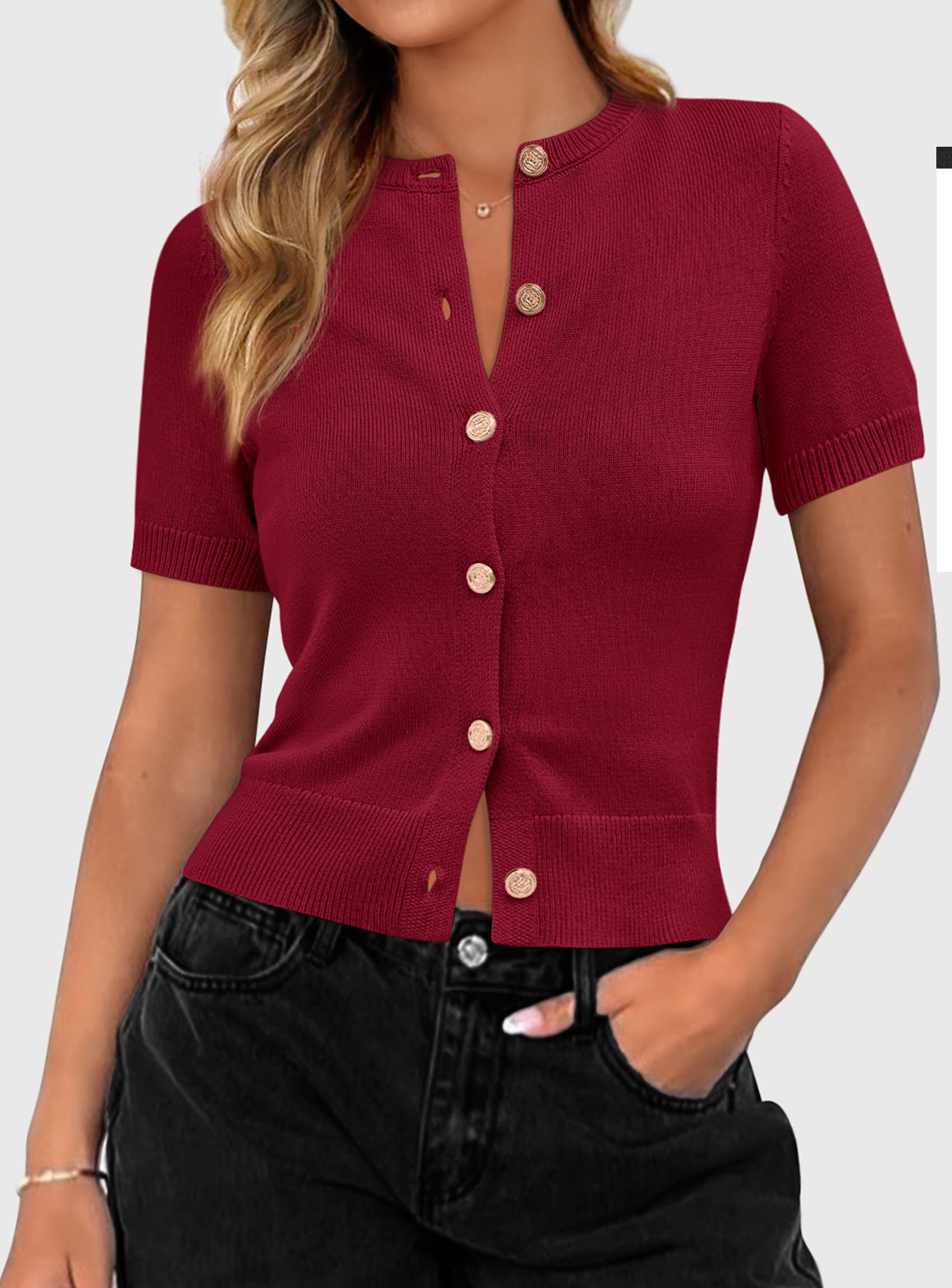 Womens Summer Cardigan Short Sleeve Sweater,Wine Red,S