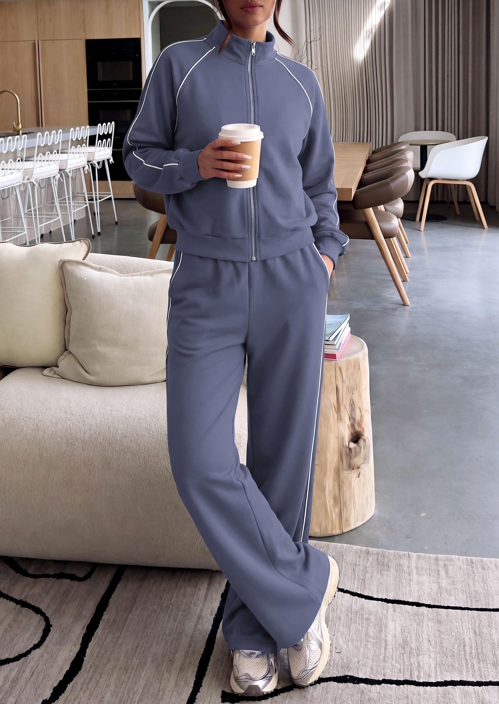 Women's 2 Piece Sweat Set Casual Fall Outfits,Grey Blue,S