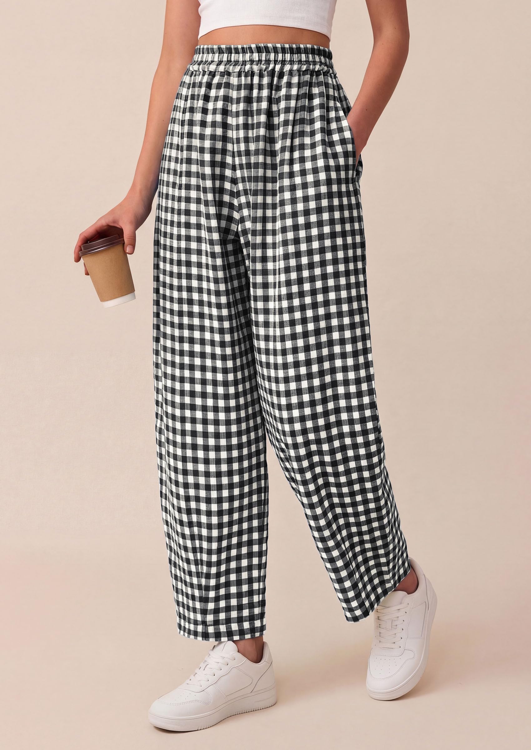 Plaid Barrel Pants Women Summer Bottoms, Black Plaid,L