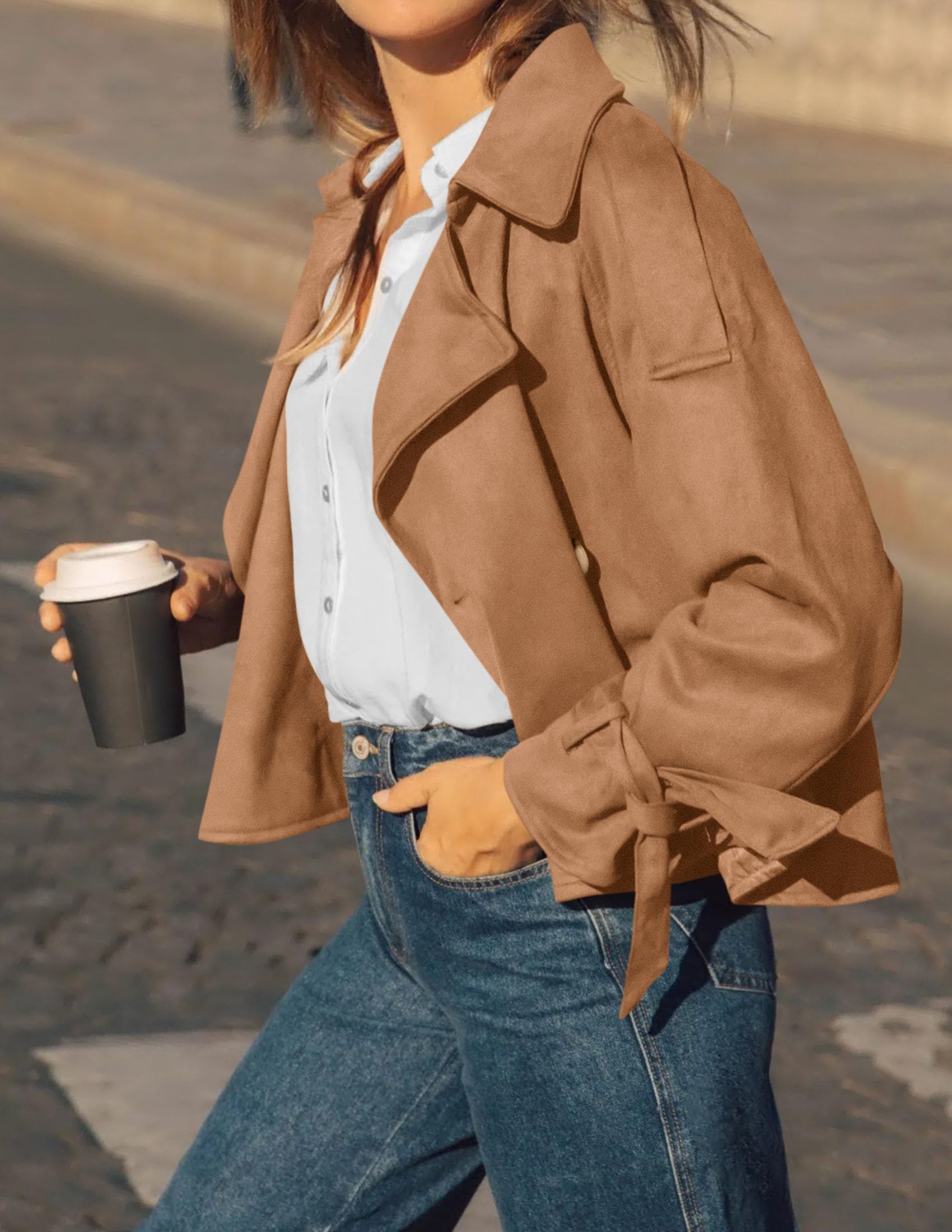 Women Faux Suede Double Breasted Trench Coat Cropped Jackets