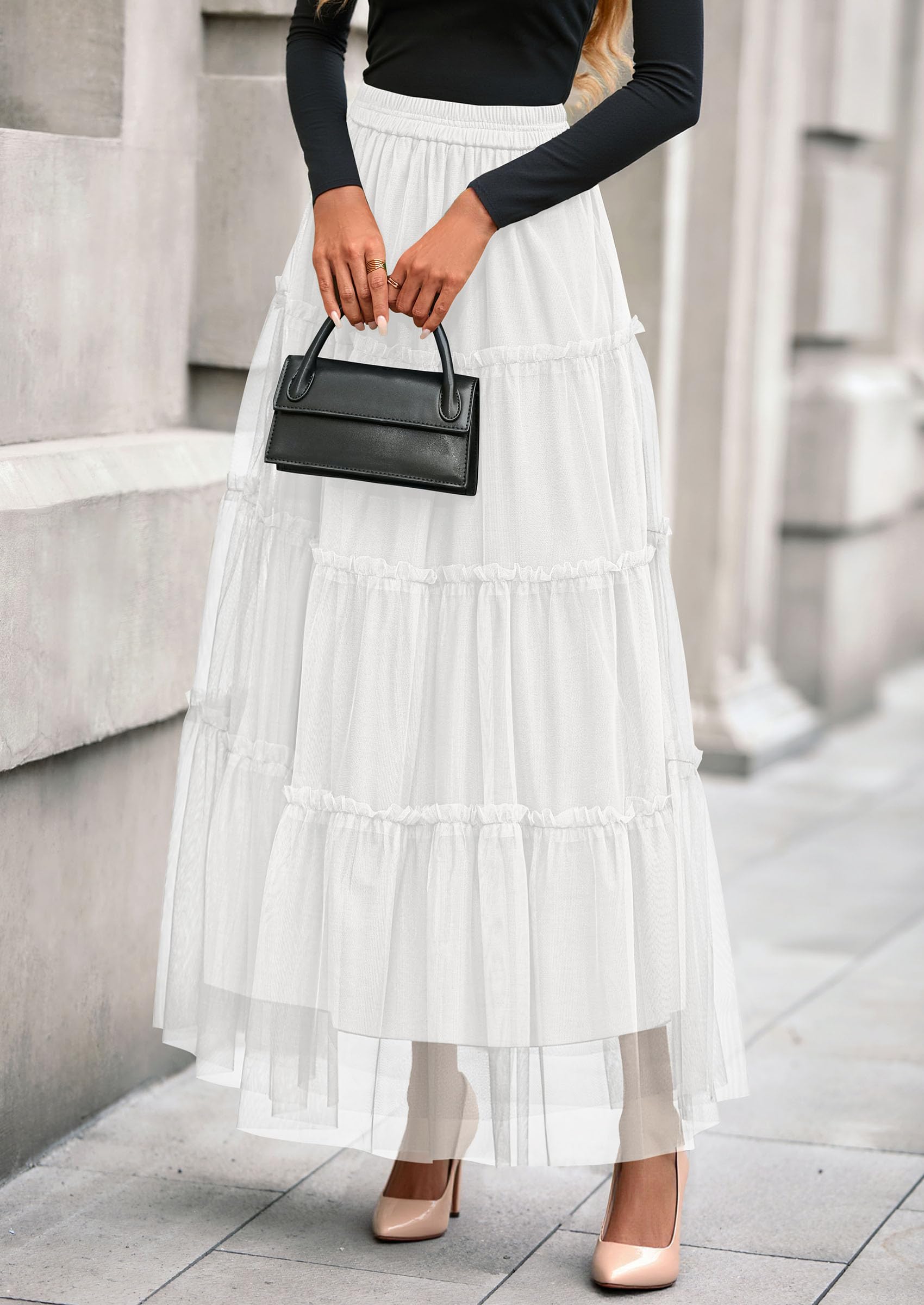 Women's Fall Soft Tulle Tiered Long Skirt,White,S