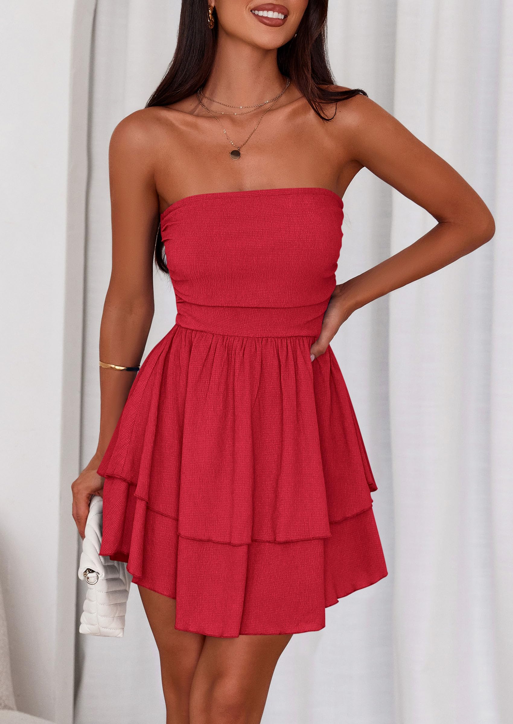 Women's Summer Strapless Flowy Mini Dresses (Red,S)