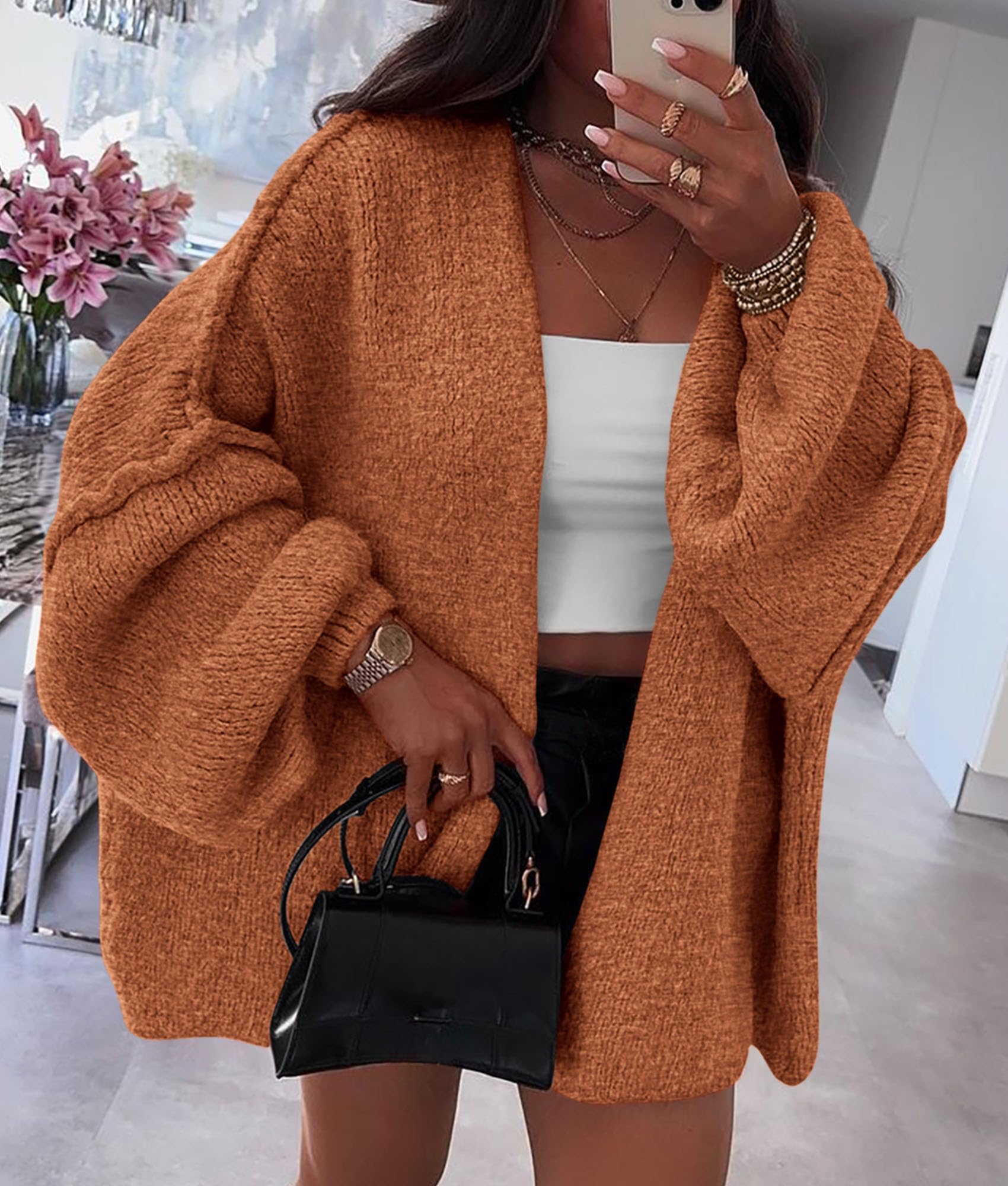 Womens Open Front Oversized Cardigan Sweaters,Brick Red,XS