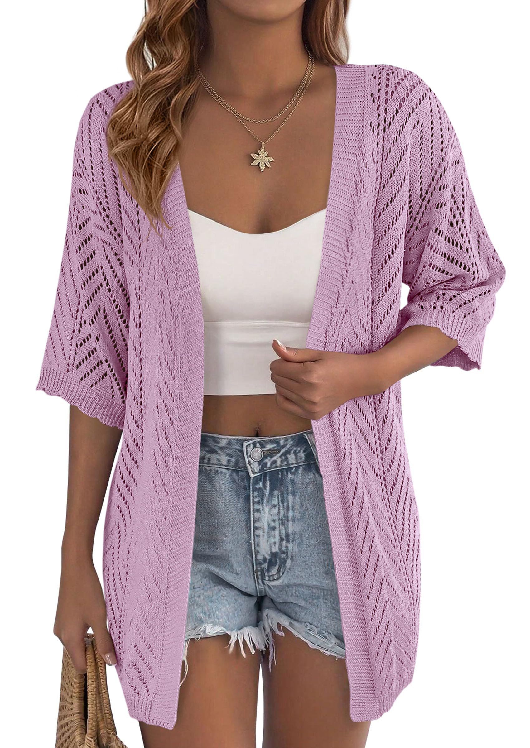 Women Lightweight Summer Short Sleeve Cardigan, Purple,S