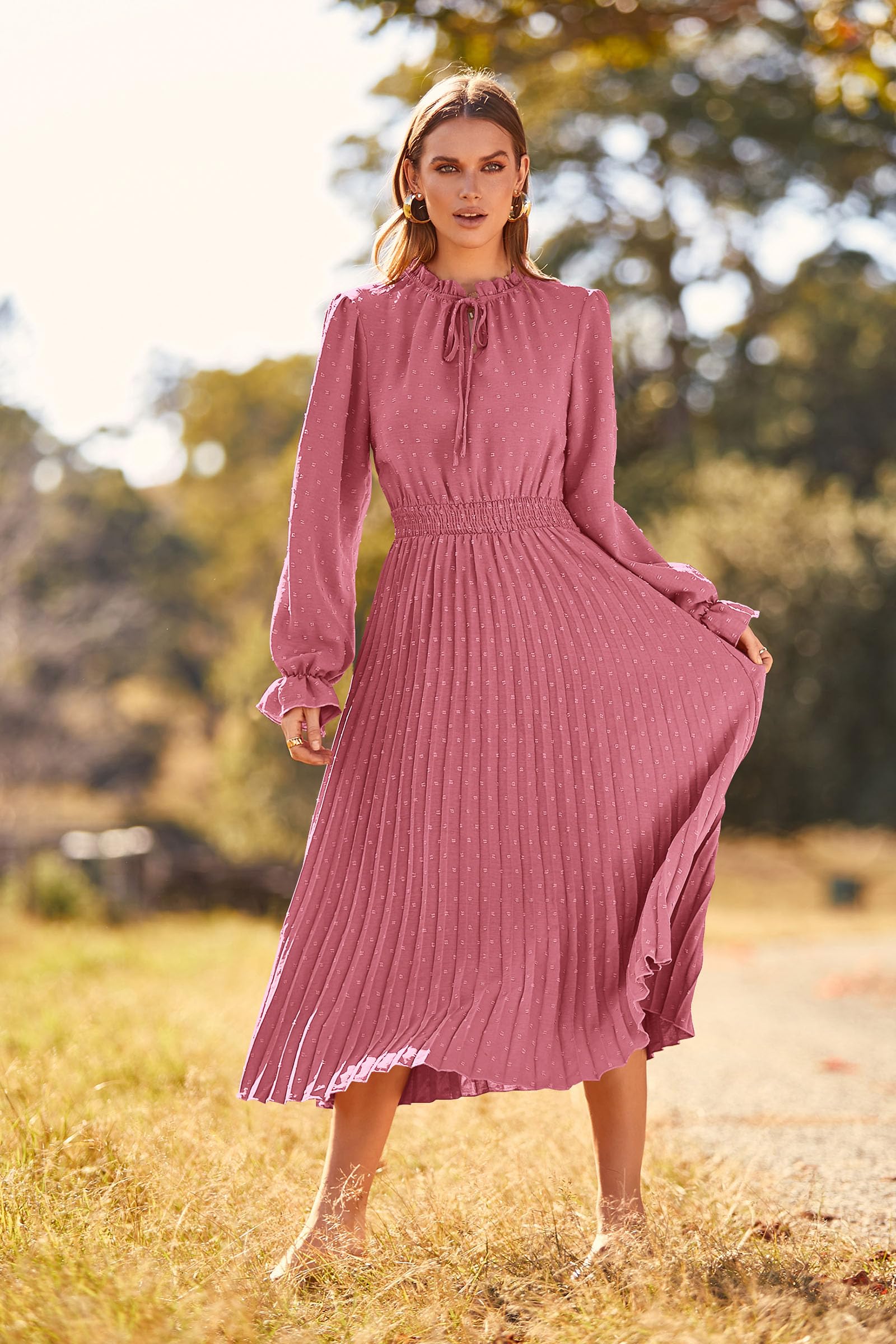 Midi Dress for Women Spring Fall 2025 Long Sleeve V Neck Pom Pom Swing A Line Long Dresses (Pink,Small)