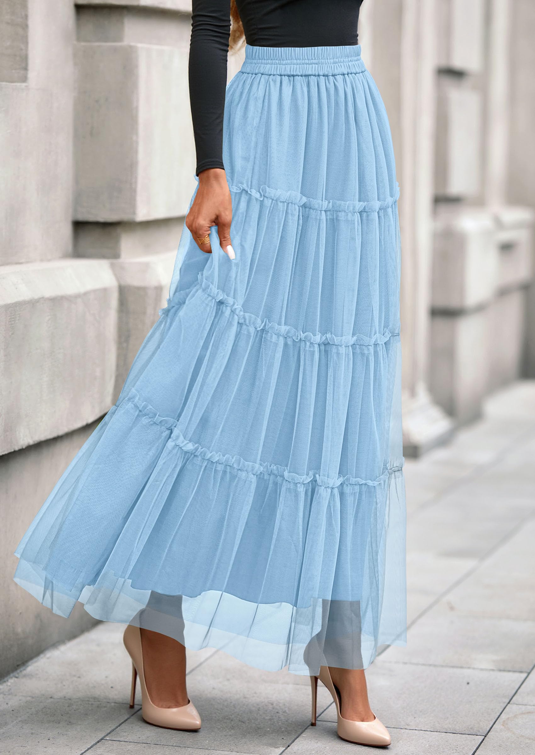Women's Fall Soft Tulle Tiered Long Skirt,Light Blue,S