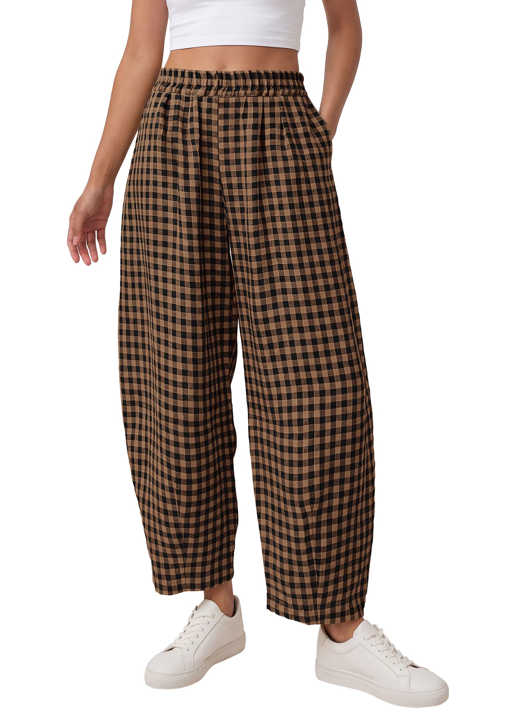 Plaid Barrel Pants Women Summer Bottoms, Black Khaki Plaid,S