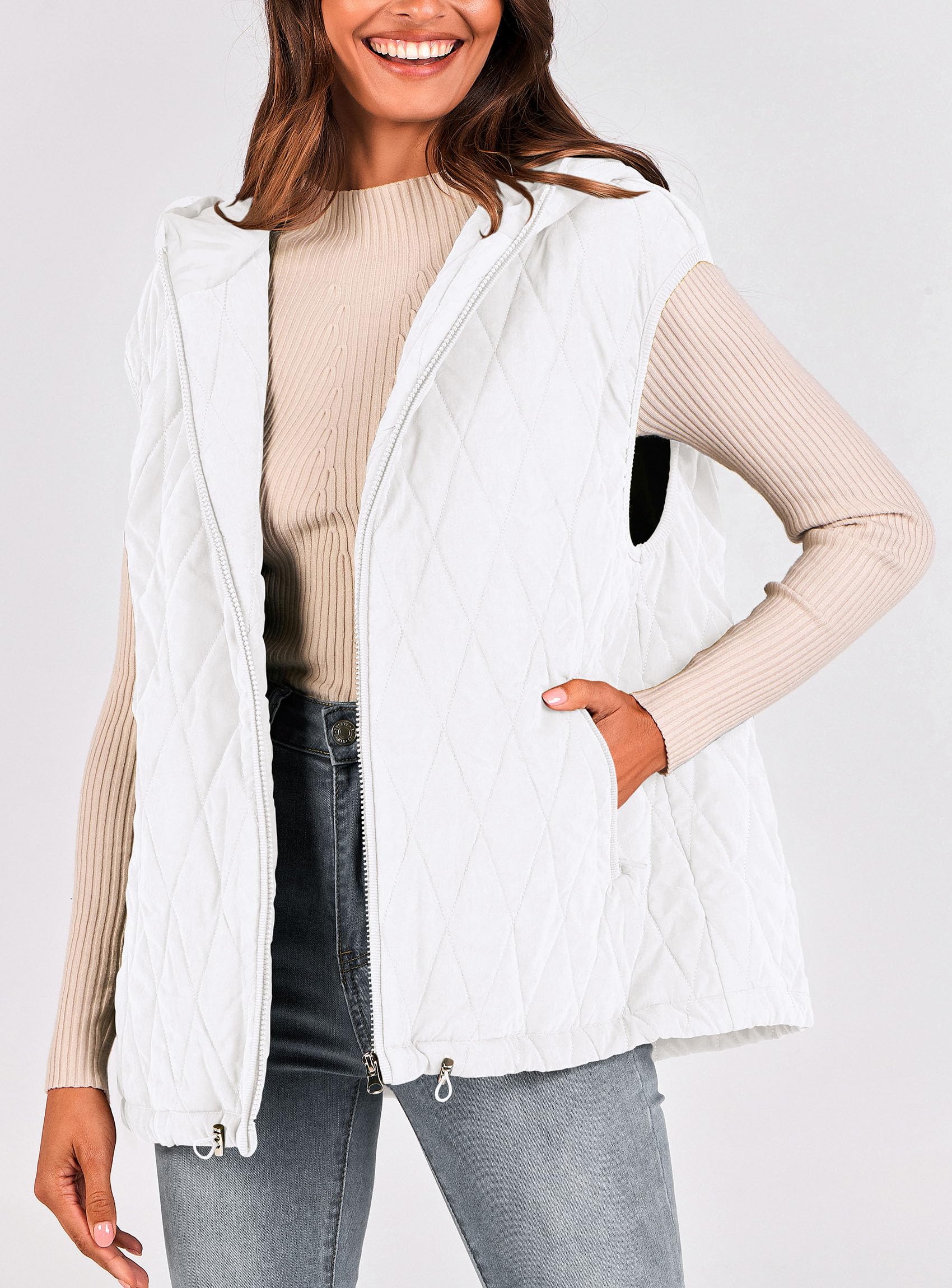 Women's Fall Fashion Vest Zip Up Jacket(White,Small)