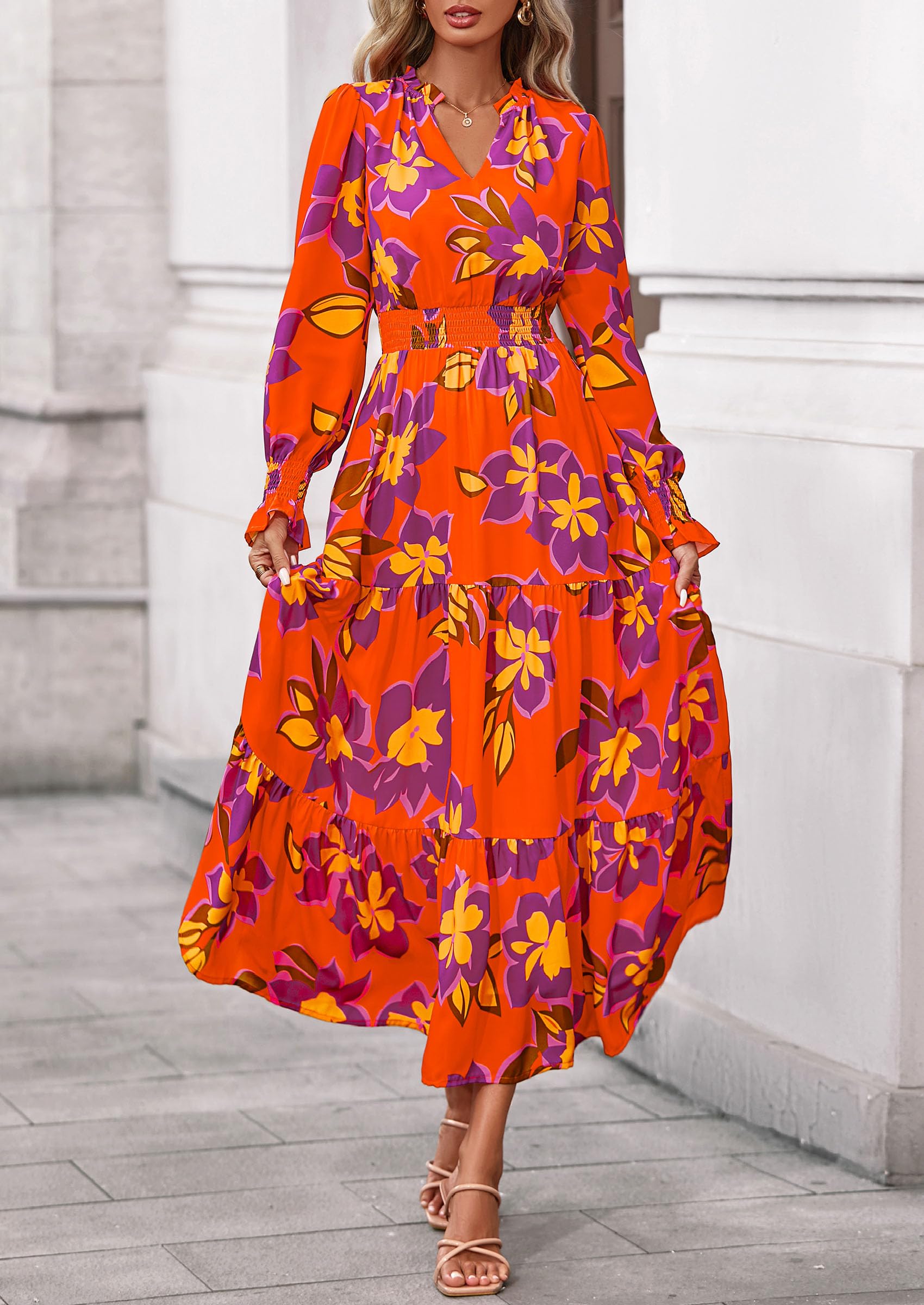 Women's Floral Maxi Dress Fall A Line Wedding Guest Dresses