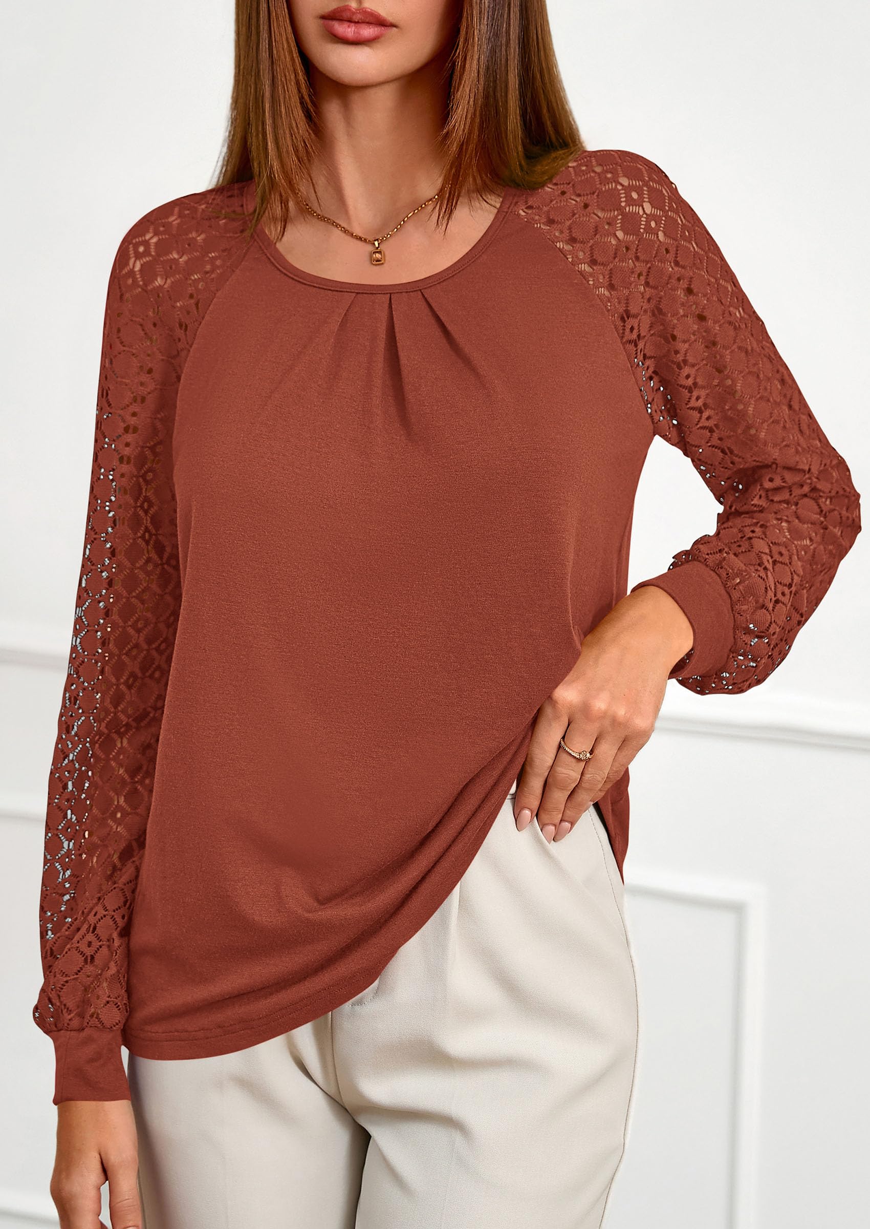 Women's Long Sleeve Shirts Fall Lace Tops,Brick Red,S