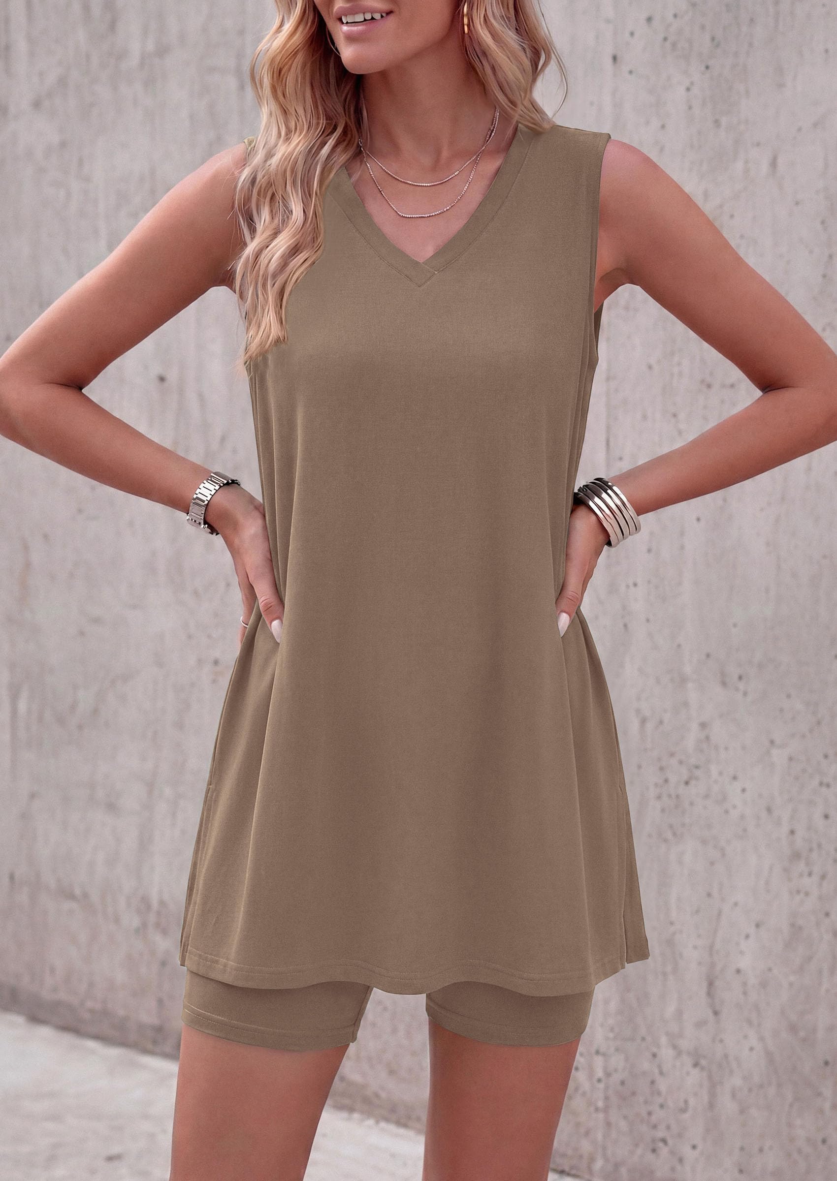 Women's Summer 2 Piece Outfits Short Sets (Khaki,S)